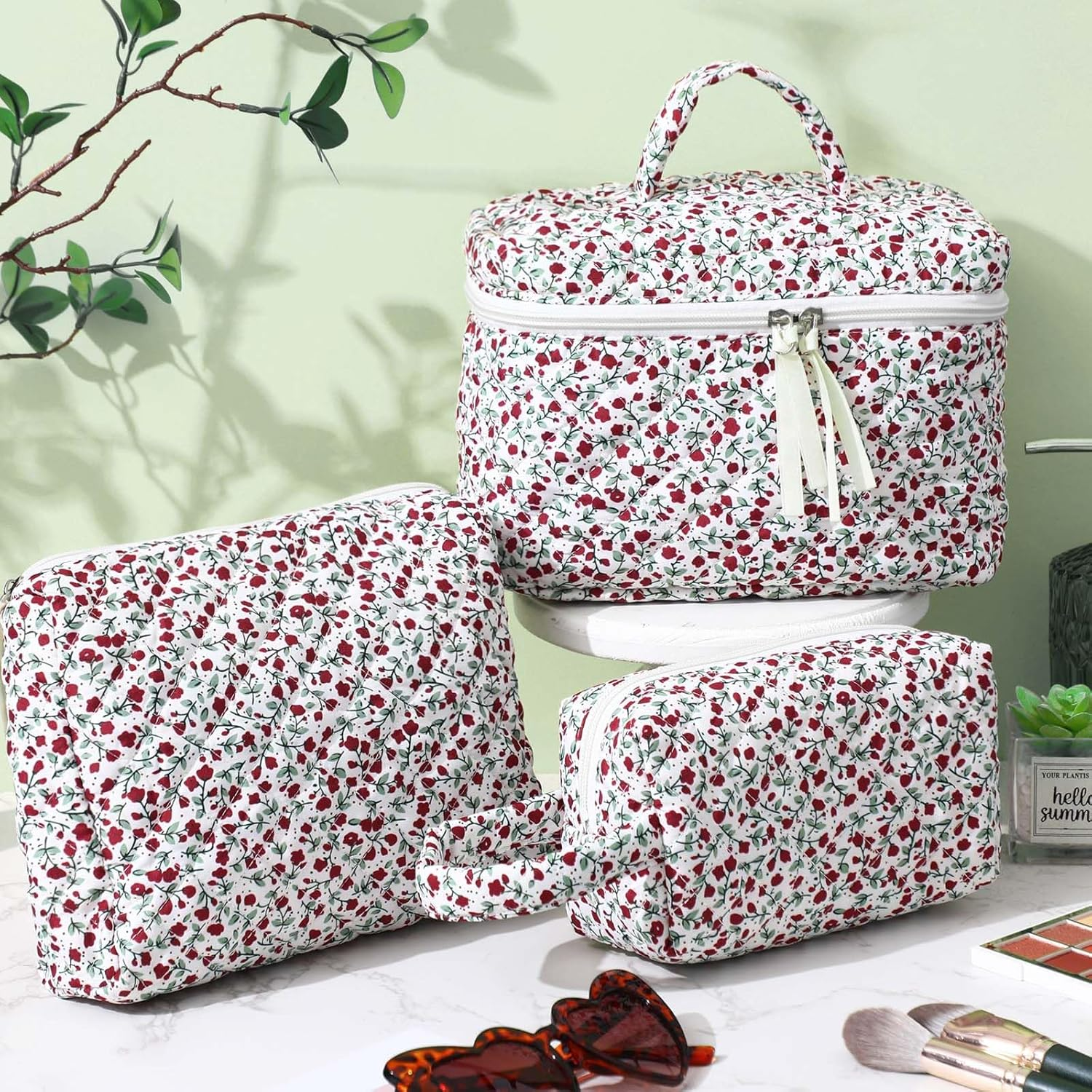 Paterr Makeup Bag Set 3 Pcs Large Quilted Cotton Make up Bags for Women Cosmetic Travel Toiletry Organizer Pouch Cute Aesthetic Storage Purse, Red, Red Floral image number 1