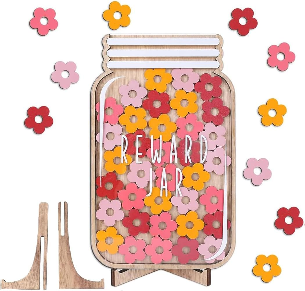 Wooden Reward Jar for Kids Daisy Flower Cutouts Positive Incentive Behavior Chart with Base Management Tools Decoration Reward System for Student Teacher School Classroom Supplies (Stars) image number 1