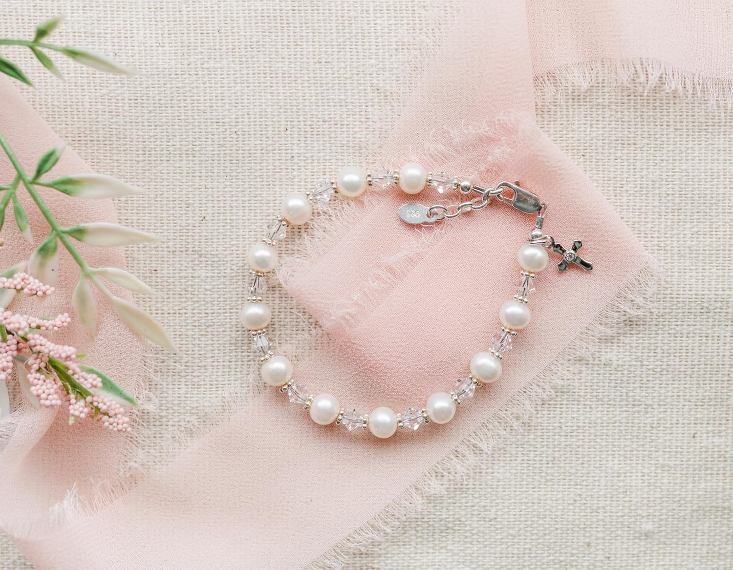 Children'S Sterling Silver Cross Bracelet And/Or Necklace with Cultured Pearl and High End Crystal for First Communion, Baptism or Christening image number 2