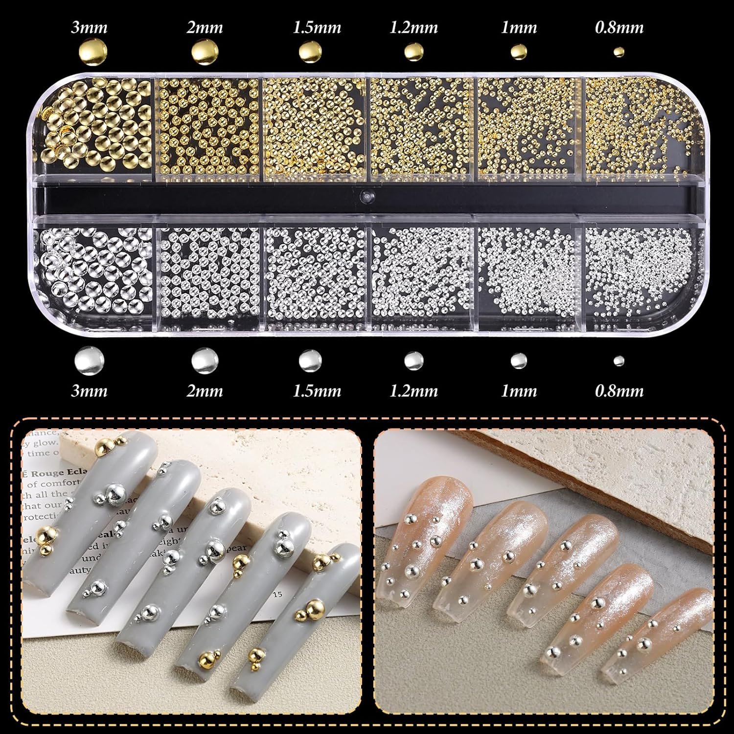 2 Boxes Gold Star Nail Gems Charms, Metal Starshine Studs, Silver Golden Micro Caviar Beads, DIY Accessories for Nail Art image number 4