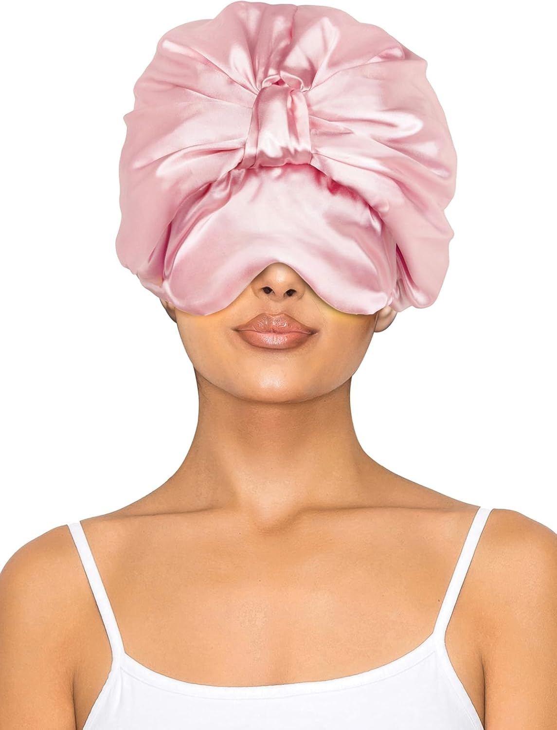 Vettres Double Layer Satin Bonnet with Eye Mask Adjustable Silk Sleep Cap Turban Style Hair Wrap for Curly Hair Black