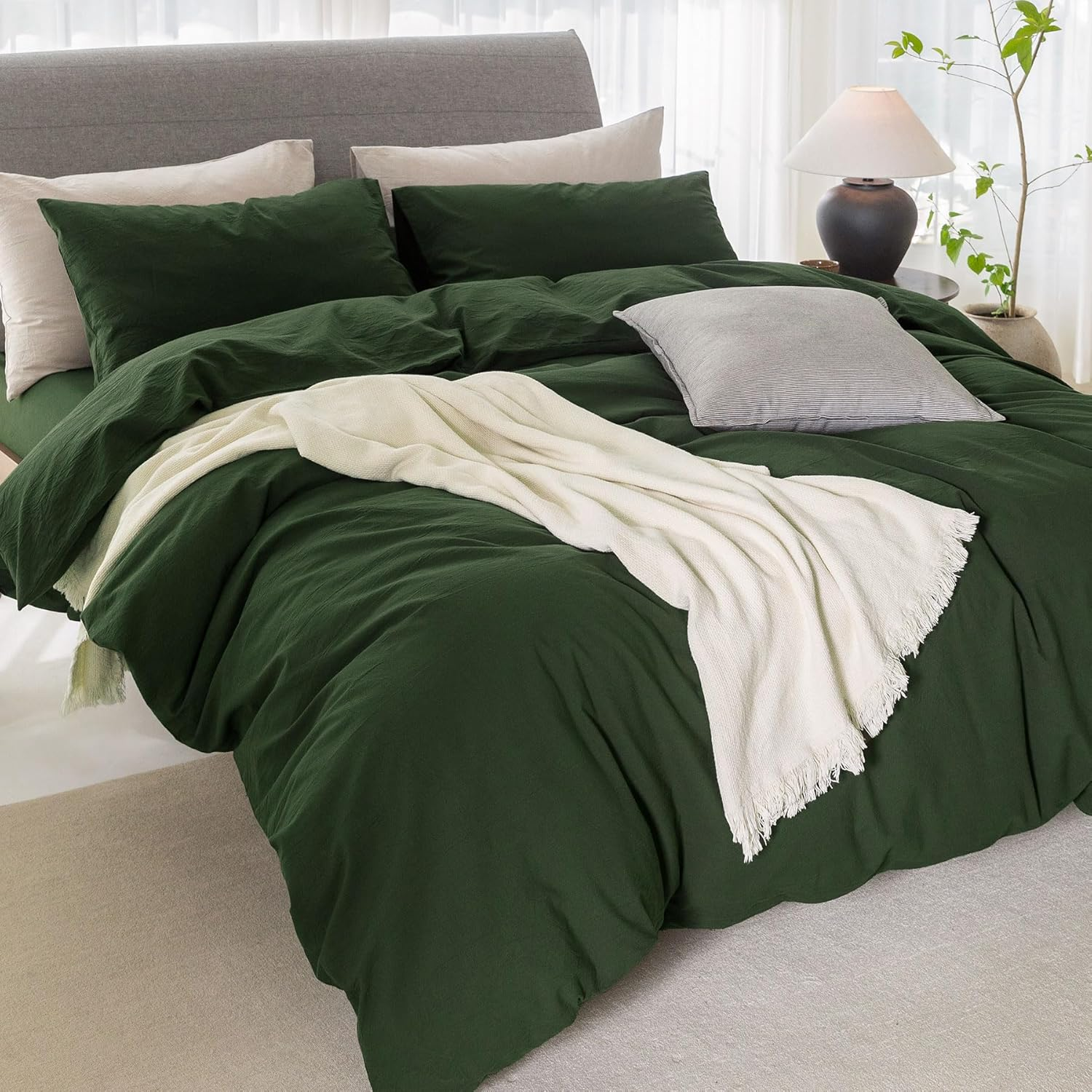 ELIMMO Duvet Cover Set Linen Texture 100% Cotton Fabric Durable Breathable Natural Dreamy Chic Feel (Forest Green, Queen) image number 2
