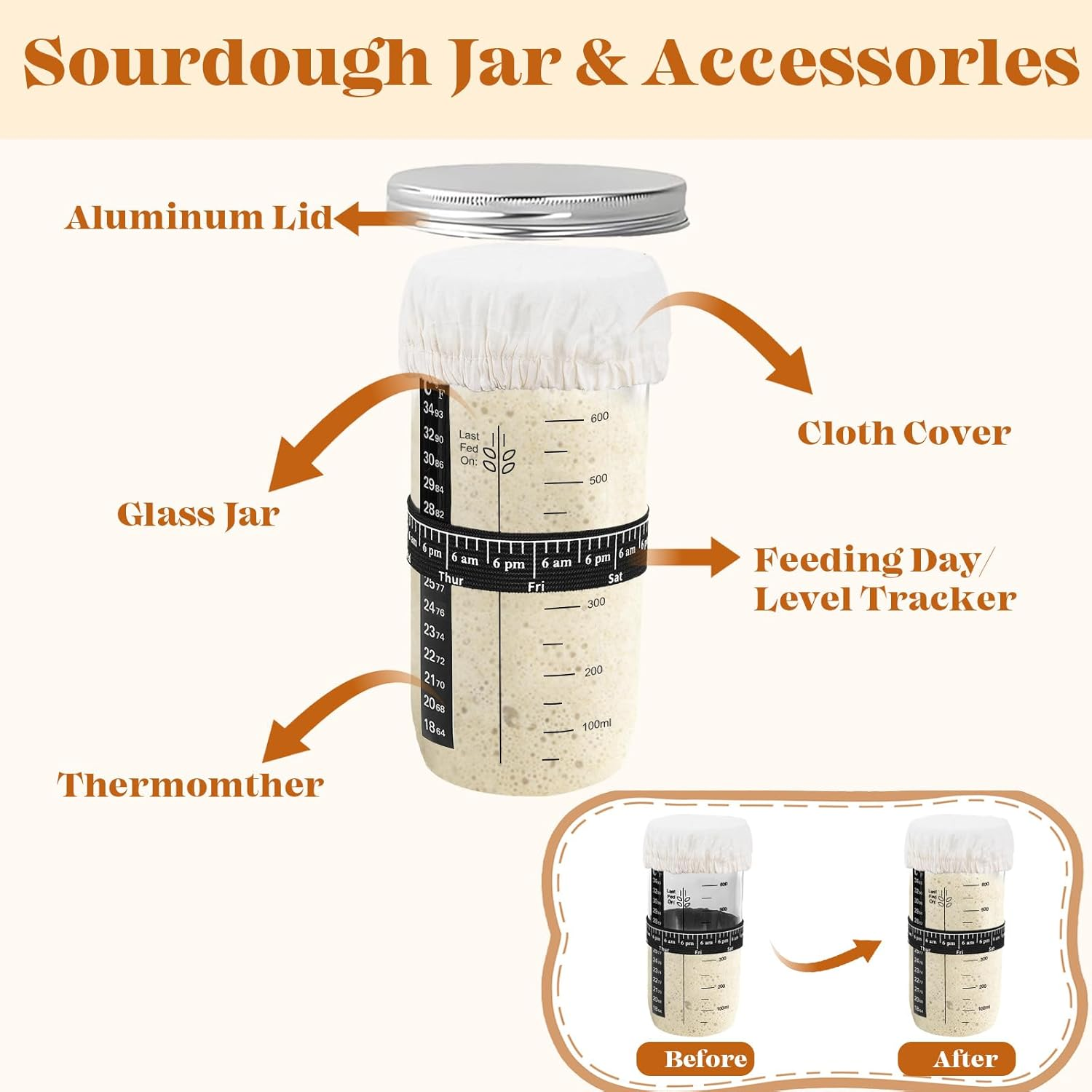 Sourdough Starter Kit - Banneton Proofing Basket Set, 9'' round & 10'' Oval Sourdough Baskets, Complete Sourdough Bread Baking Supplies with Starter Jar,Bread Sling,Lame,Danish Dough Whisk&Bread Bags image number 3
