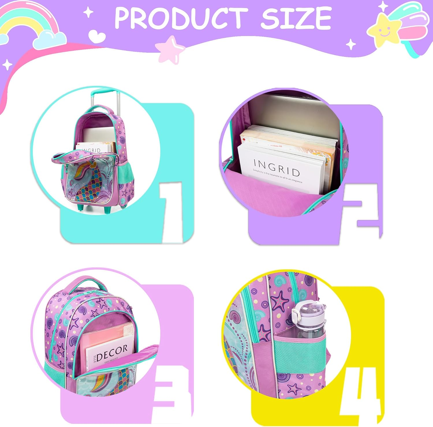 ZBAOGTW Rolling Backpack for Kids with Lunch Box Kids Backpack with Wheels for School, Blue Green Mermaid, 20 Liters - Blue Green Mermaid image number 6