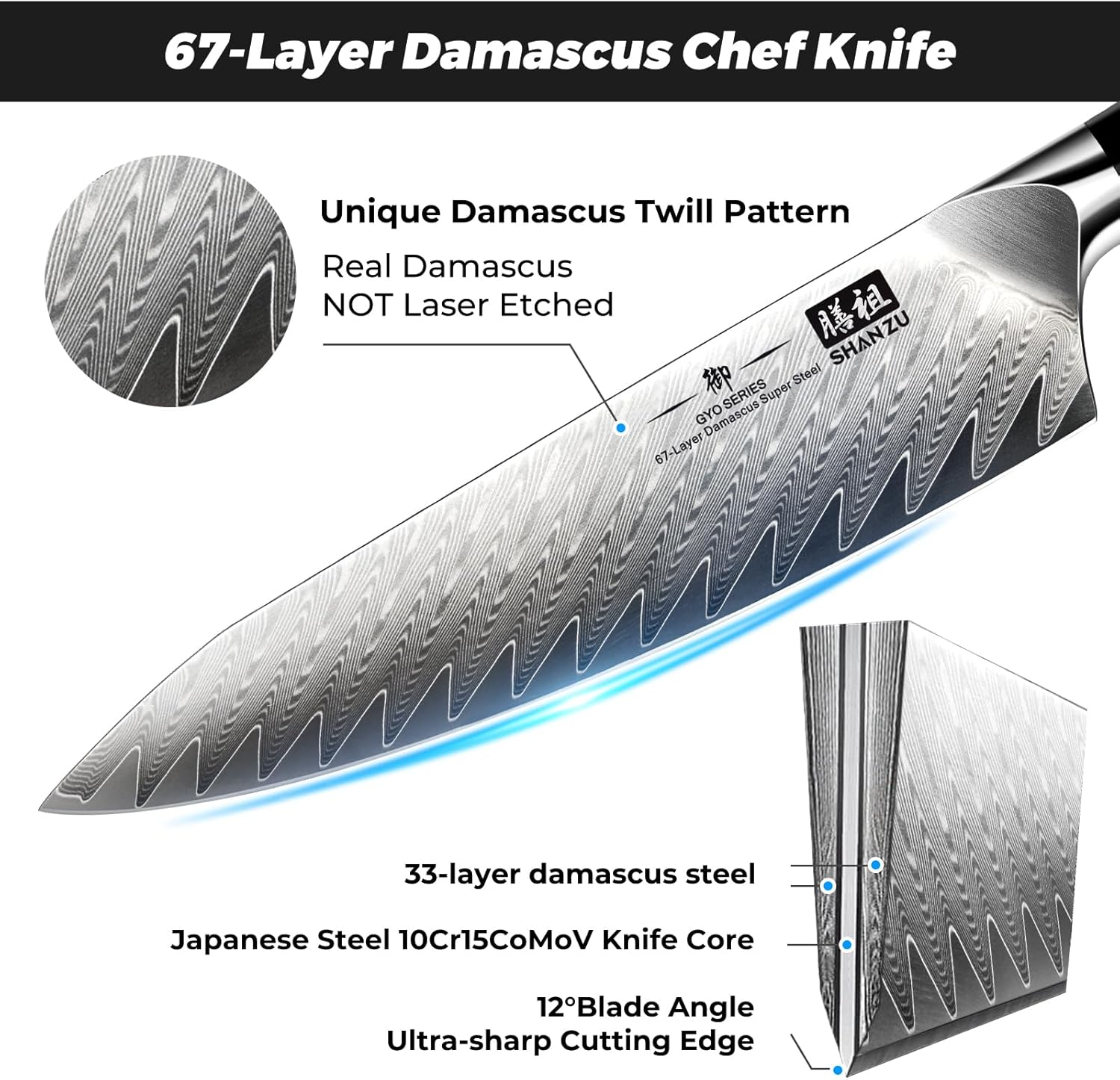 SHAN ZU Damascus Chef Knife 8 Inch, 67-Layer High Carbon Steel Kitchen Knife,Ultra Sharp Japanese Chef Knife,Professional Kitchen Utility Knives with G11 Ergonomic Handle Cooking Knife with Gift Box