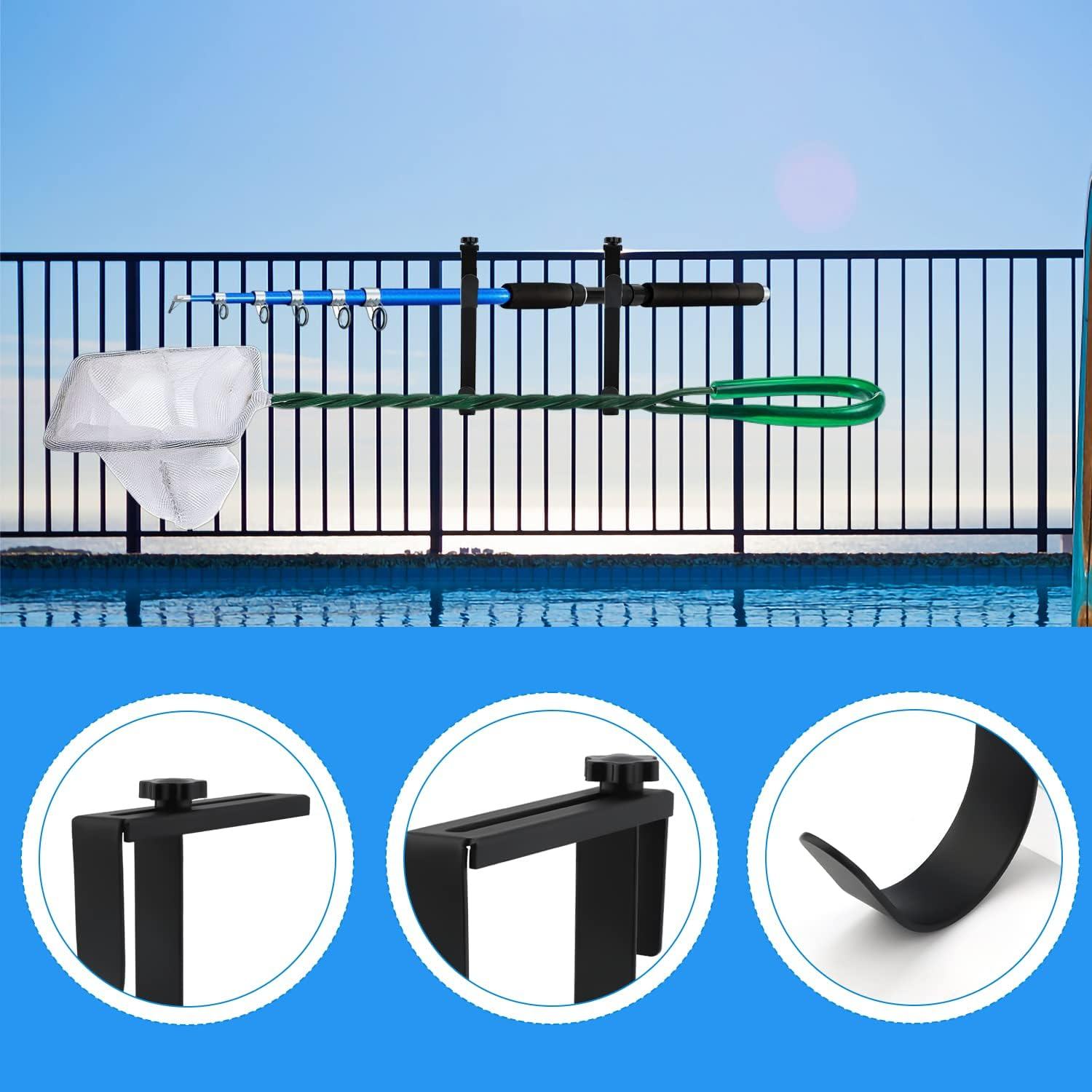 2Pcs Double Hook for Pool Pole, Adjustable Hook for Pool Fence, Double Hook for Hanging Pool Tool Hooks for Pool Fence, Wall (Black) image number 3