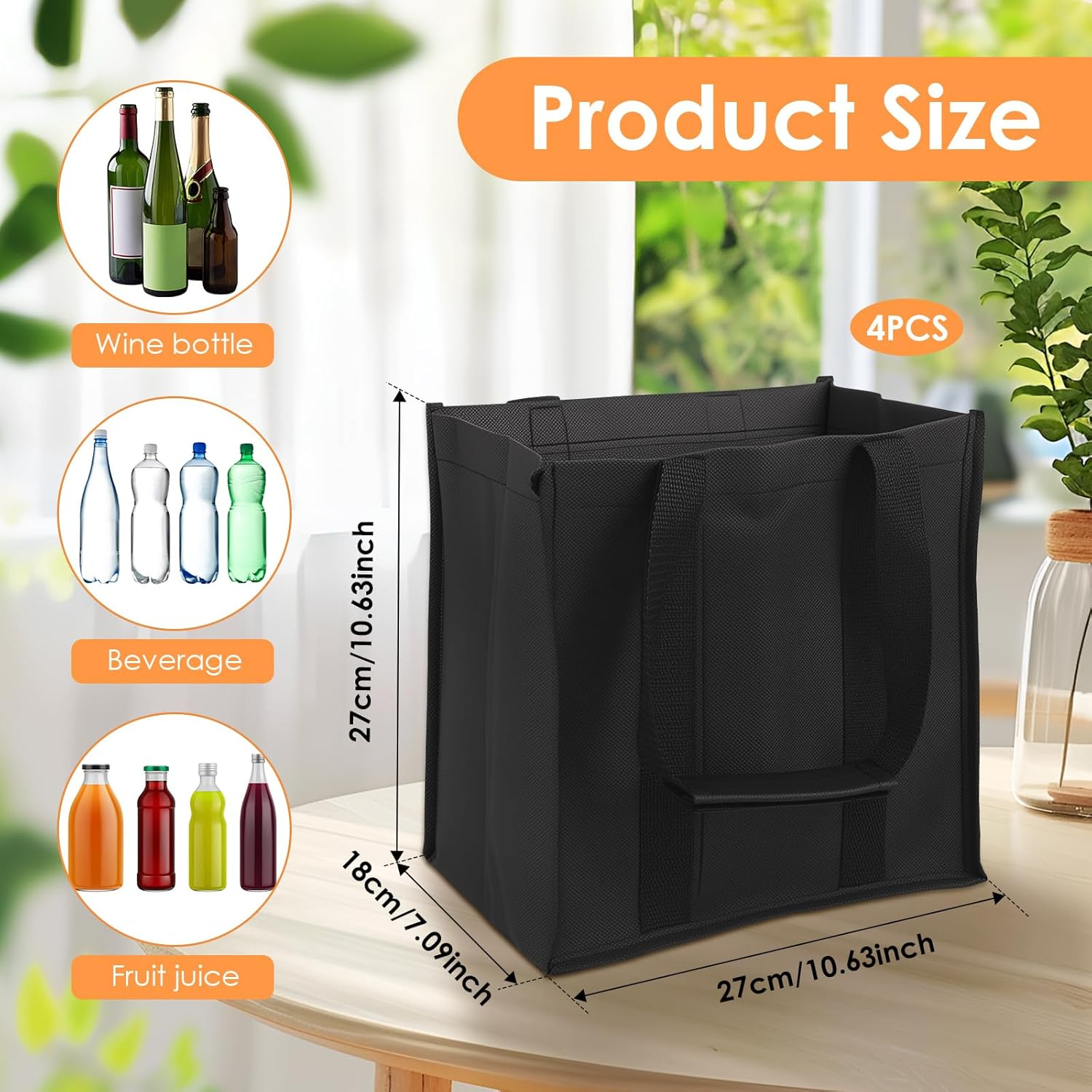 4 Pcs Wine Tote Bag, Reusable Nonwoven Wine Foldable Bottle Carrier Tote, with Sturdy Handle and Divider, Portable Wine Case, for Party Picnic Camping Traveling (6 Compartments) - 9 Compartments image number 6