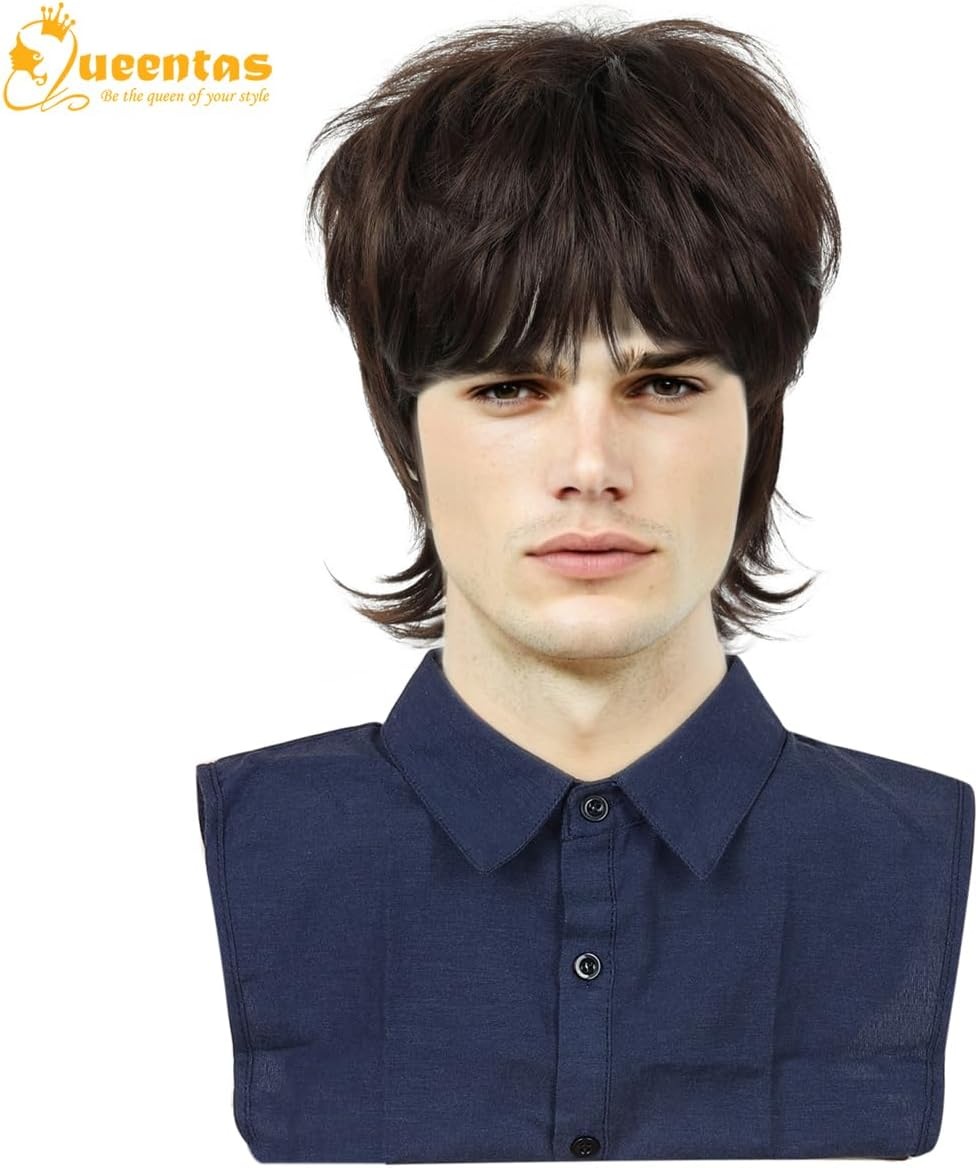 QUEENTAS Short Brown Wig for Men 70S Disco Rocker Punk Wig Mullet Wolf Men Hair Wigs for Daily Cosplay Synthetic Wig image number 6