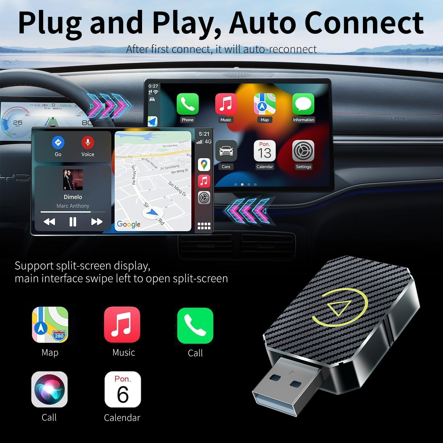 Wireless Adapter for Carplay, Adapter for Convert Wired to Wireless Carplay/Android Auto, Mini Size with Extension Cable USB, Stable Control & No Delay