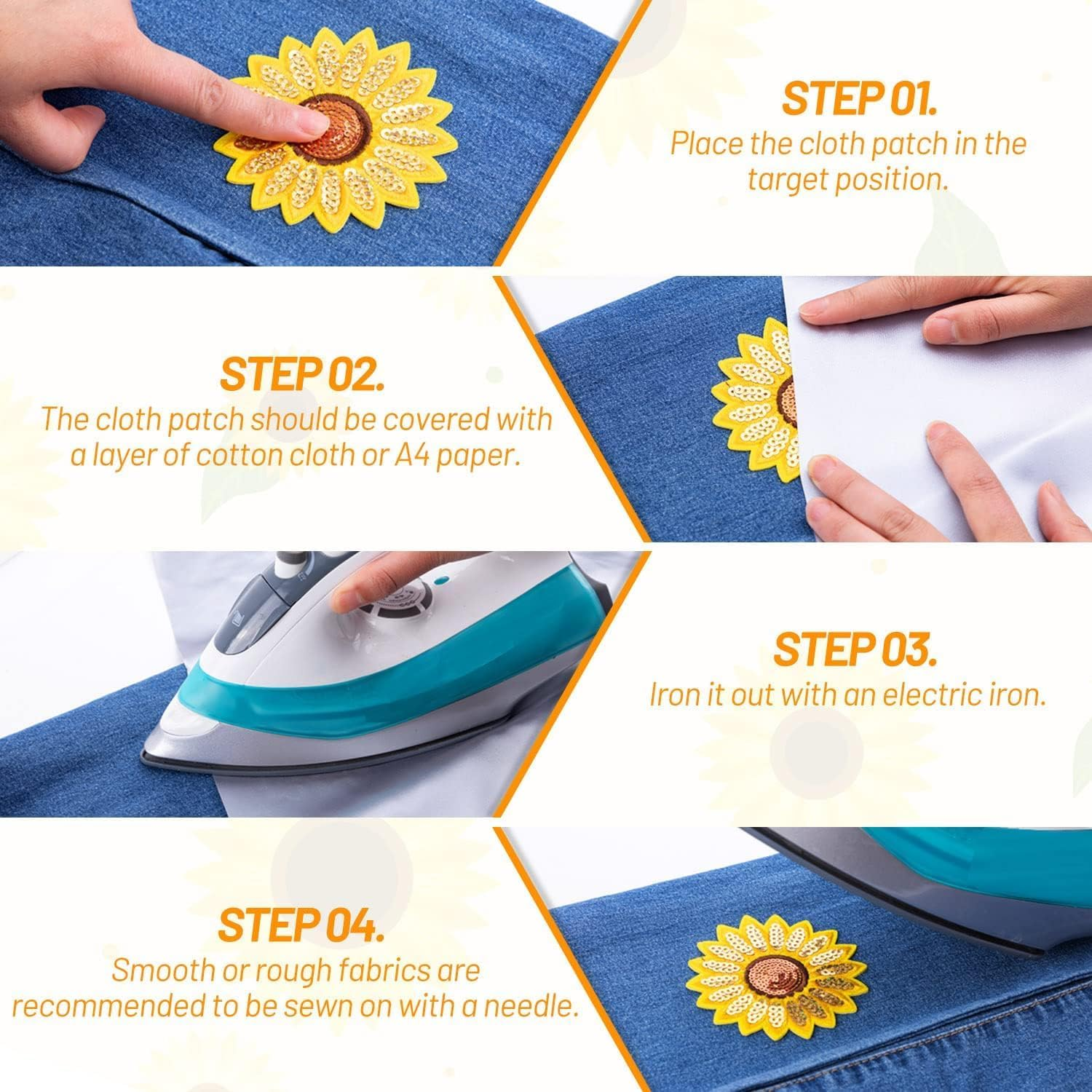 12 Pcs Sunflower Embroidered Iron on Patches, 2 Sizes Sunflower Sew Repair Embroidery Applique Patch for Jeans Clothing Hats Bags Arts Crafts image number 2