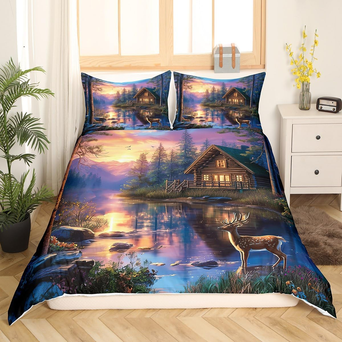 Hunting House Bedding Set S Size, Wild Deer Animal Hunting Cabin Decor Comforter Cover Set for Children Girls, Rustic Farmhouse Lake Pine Natural Landscape Quilt Cover Bedroom Decor, 2 Pieces image number 2