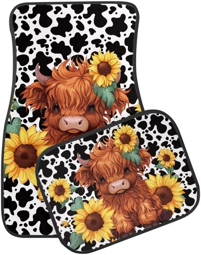 Allhaitong All Weather Car Floor Mats Universal Fit Automotive Suv,Sedan,Van Car Interior Accessories 4-Piece Car Protector Mat Highland Cow Sunflowers Print image number 1
