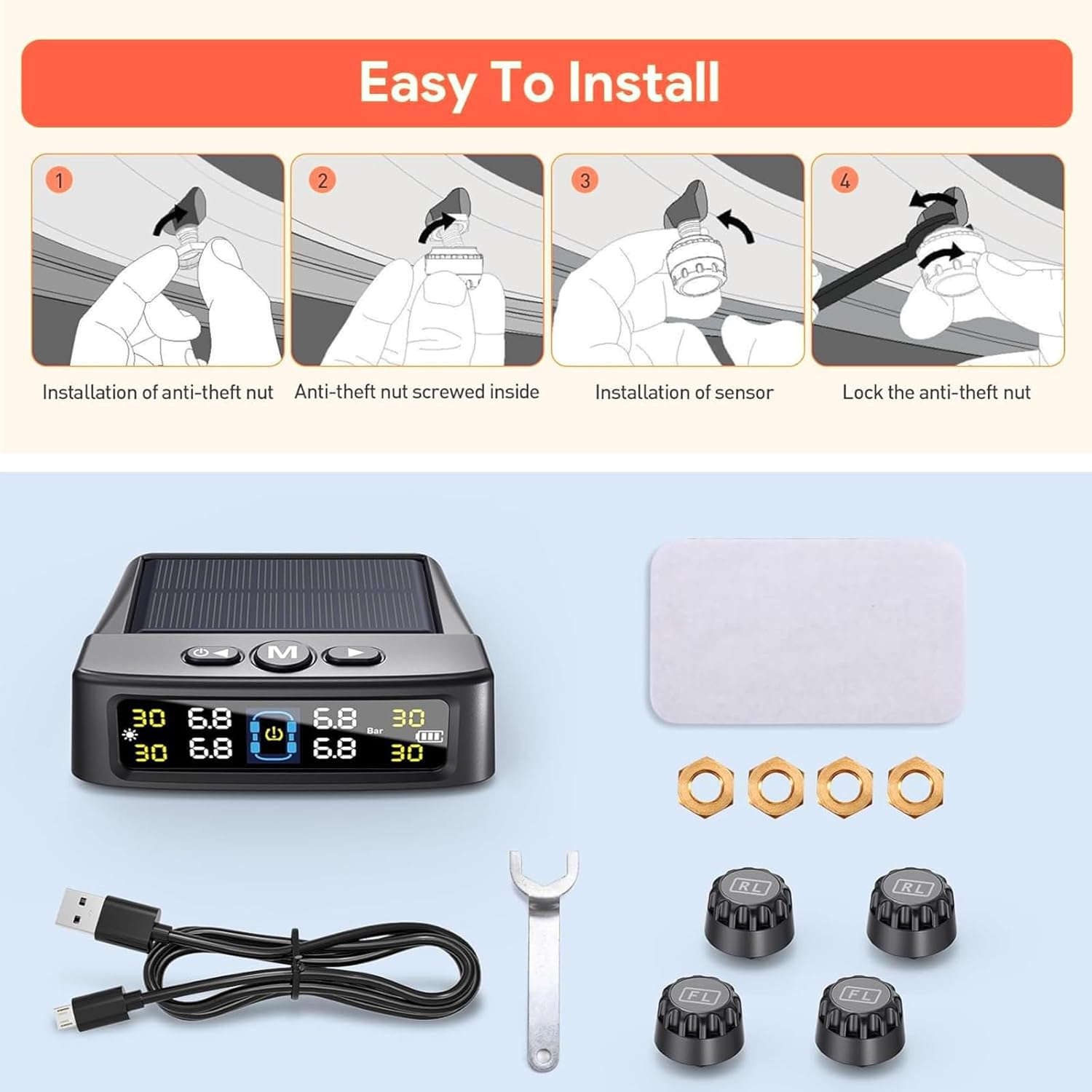 MAEZOE TPMS Tire Pressure Monitor with Solar & USB Charging, Digital Display & Waterproof Sensors &ndash; Wireless Tyre Pressure Monitoring for Cars, Suvs, 4Wds, Trailers image number 1