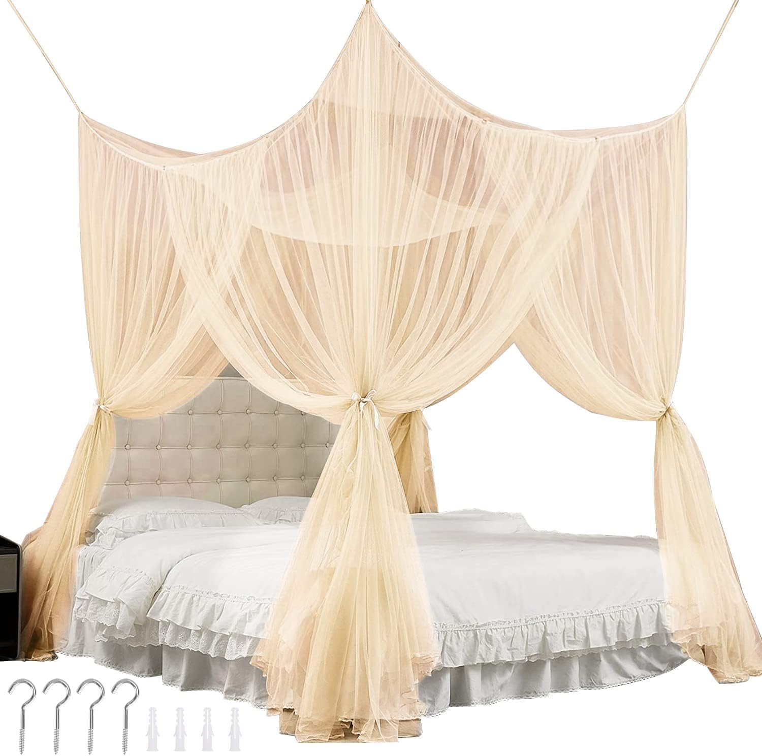 Mosquito Net for Bed Canopy, 4 Corner Post Curtains Bed Canopy with 4 Openings & 4 Hanging Loops for Girls & Adults(Yellow)