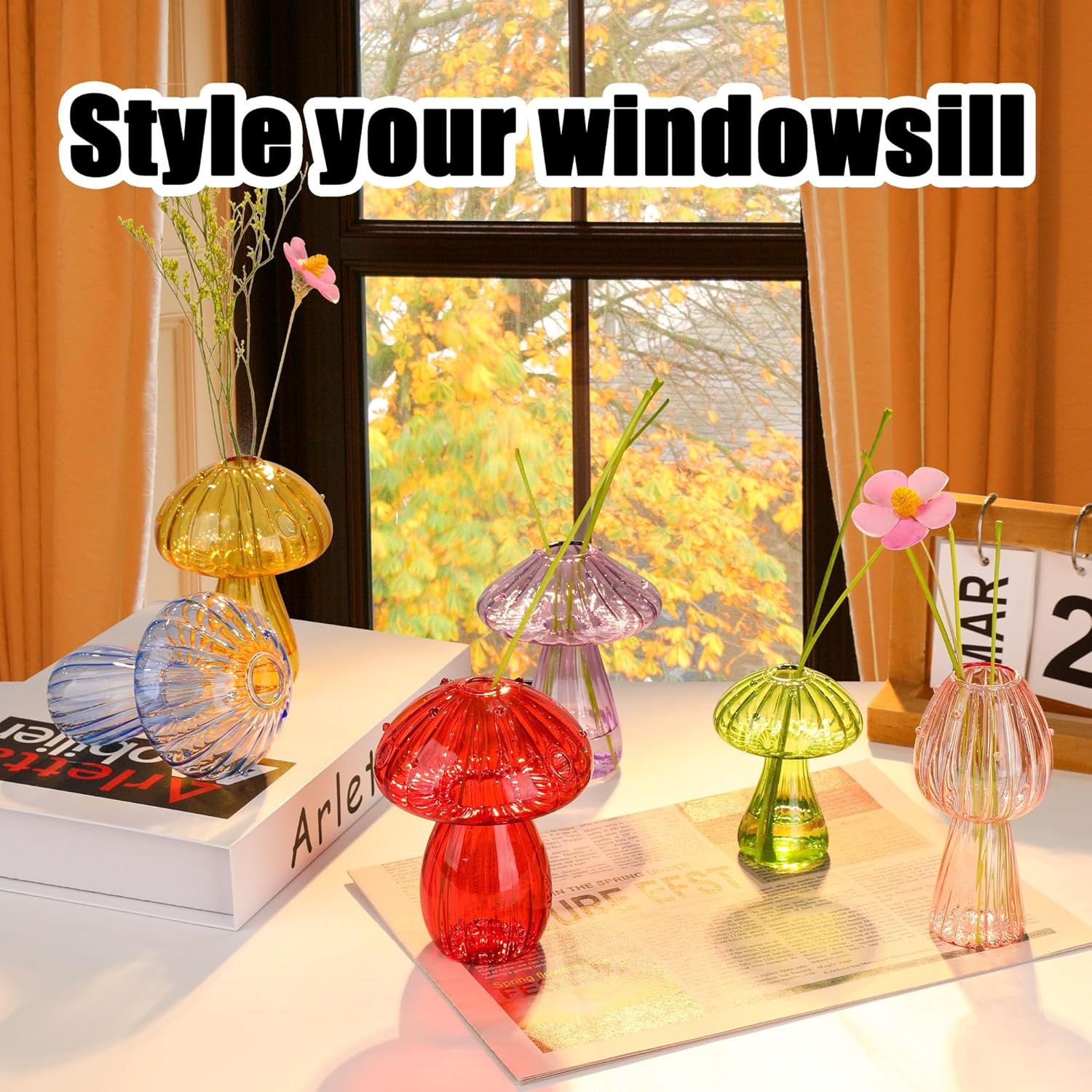Plant Propagation Station, 6 Colored Glass Mushroom Vase Glass Planter, Gardening Gifts for Plant Lovers Women, Small Hydroponic Pots for Flowers-Desktop Terrarium for Home Office Decor, Room Decor image number 4