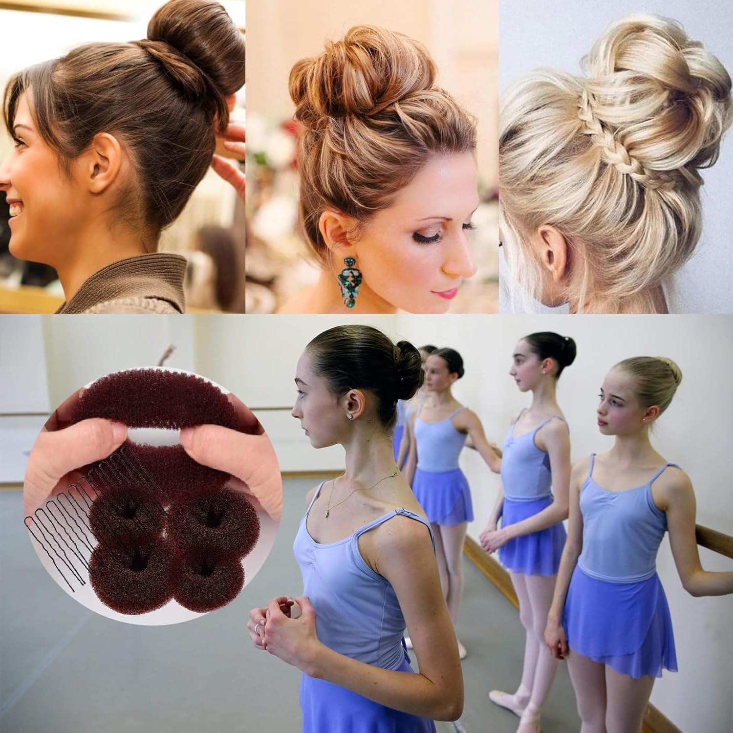 4 Pieces Hair Donut Bun Maker Set, Hair Donut Bun Ring with 20 Golden Hairpins, Chignon Bun Maker Hair Ring Style Accessories for Dancers, Donut Bun Hair Accessories (Coffee) image number 3