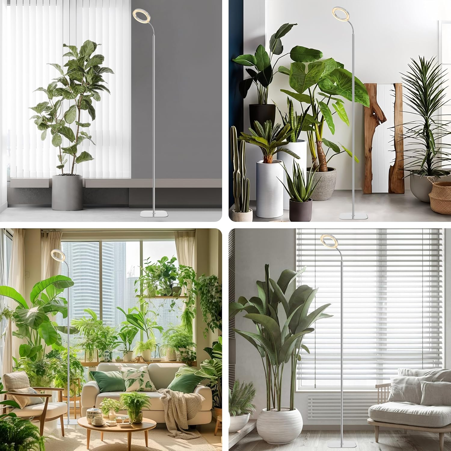 Floor Grow Light for Indoor Large Tall Plants, LED Full Spectrum Plant Light with Stand, 3/9/12H Timer, 60 Inch Height Adjustable,10 Level Dimmable, Silver Halo Growth Lamp