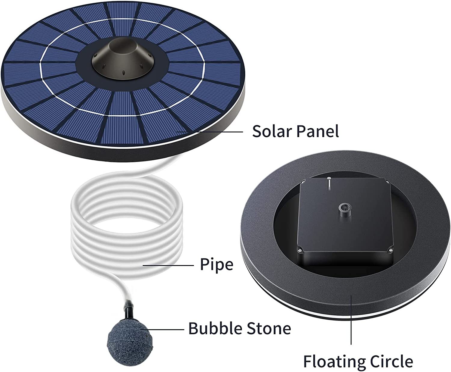 Solar Pond Aerator Oxygen Pump with Air Hose and Bubble Stone - Floating Water Aerator Fish Tank Oxygenator for Birdbath, Fountain, Small Pond Water Circulation image number 1