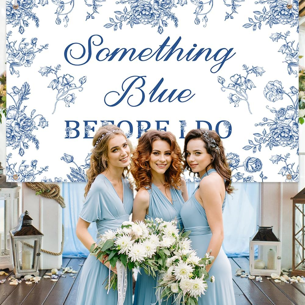 AIBIIN Blue Floral Bridal Shower Backdrop Something Something Blue before I Do Decorations Love Is Sweet Wedding Bachelorette Engagement Banner Party Supplies 5.9X3.6Ft
