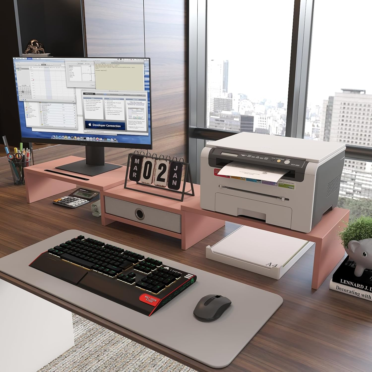 WESTREE Dual Monitor Stand with Drawer 3 Shelf Computer Monitor Riser, Desktop Stand Adjustable Length and Angle, Home Office Desk Accessories Supplies, White image number 3