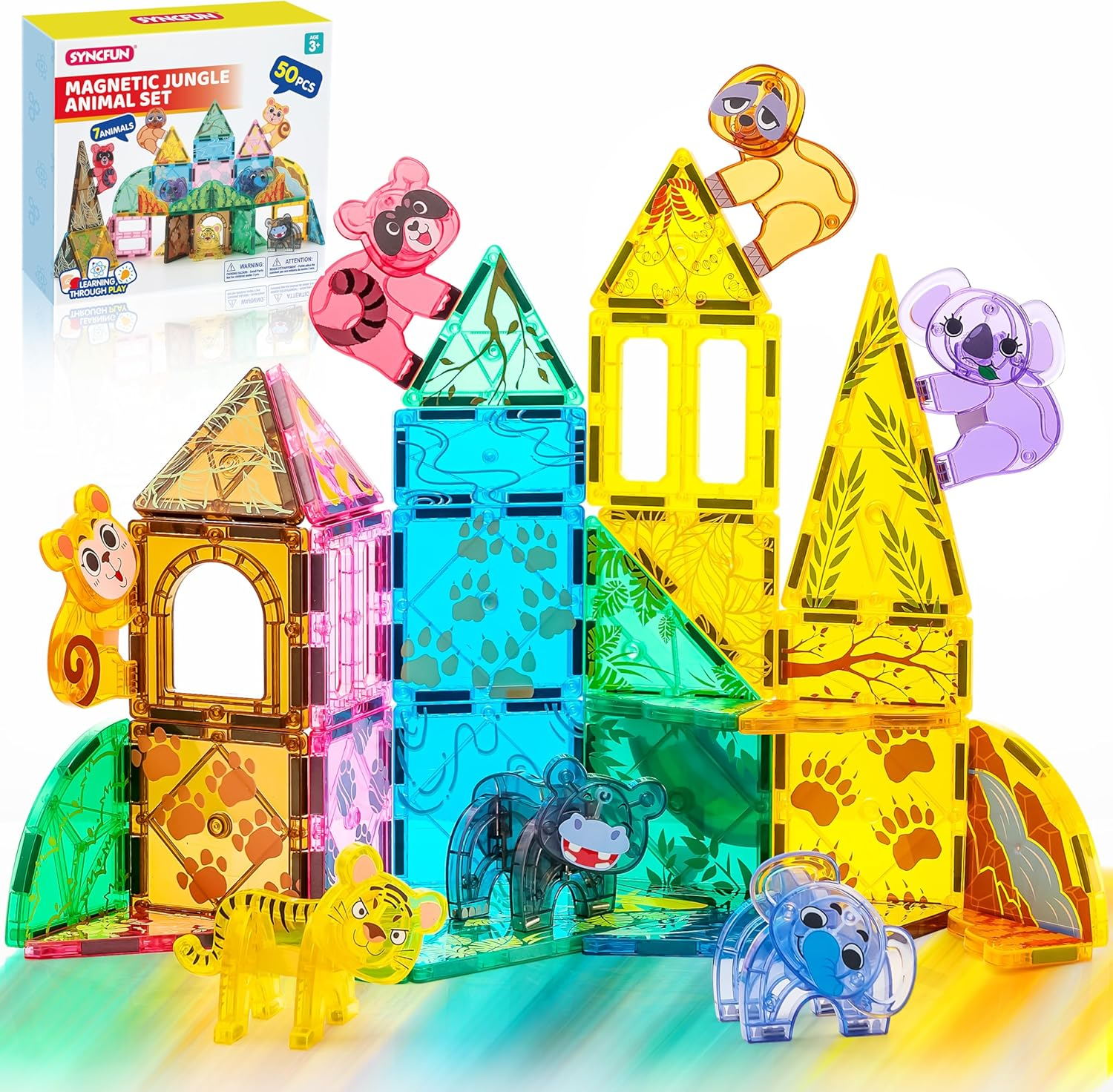 SYNCFUN Magnetic Building Tiles Jungle Animal Set for Kids, 50PCS Including 7 Cute Animals, Educational STEM Toy for Boys & Girls Ages 3-5 4-8, Christmas Birthday Party Toddlers