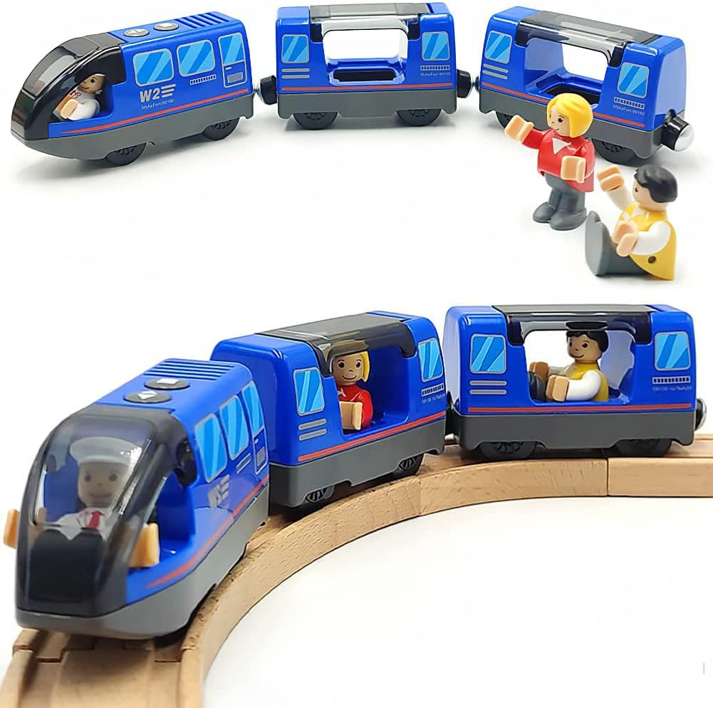 TOPLIVING Battery Operated Wooden Train Rail Set Toys for Toddlers Age 3 to 4 Years Boys Kids Magnetic Couplings City Vehicle with Figures