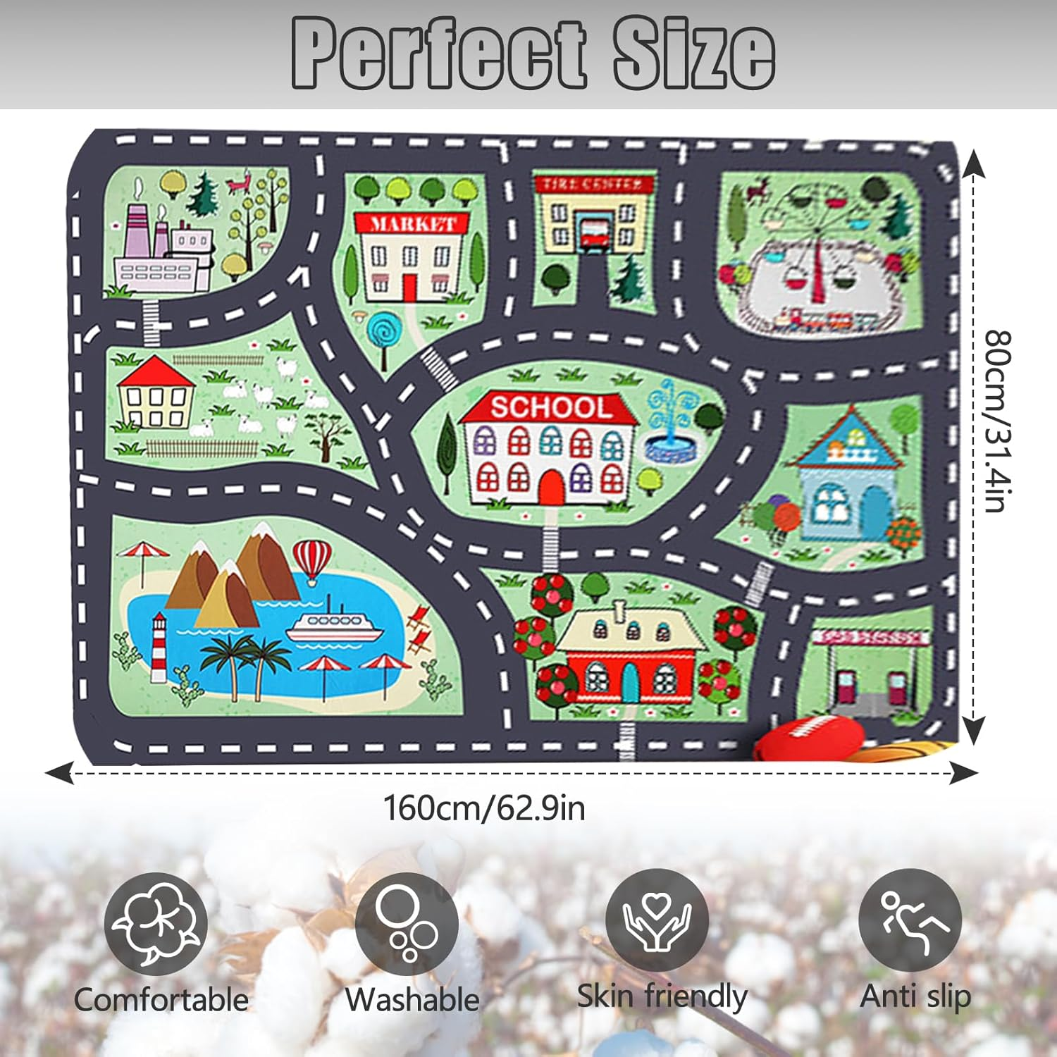 Kids Carpet City Play Mat, anti Slip Car Rug Playmat for Floor, 32"X63" Large Play Have Fun & Learn Safely Road Traffic System Activity Centerpiece Area Rug for Child Room, Playroom (City 1, 80*160Cm) image number 2