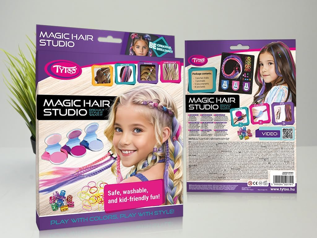 Tytoo Magic Hair Studio Hair Chalk Set for Girls with Colourful Hair Strands, Glitter Beads, Hair Bobbles Hair Clips, Complete Hair Styling Set for Children, Creative Gift for Birthday, Fancy Dress image number 4