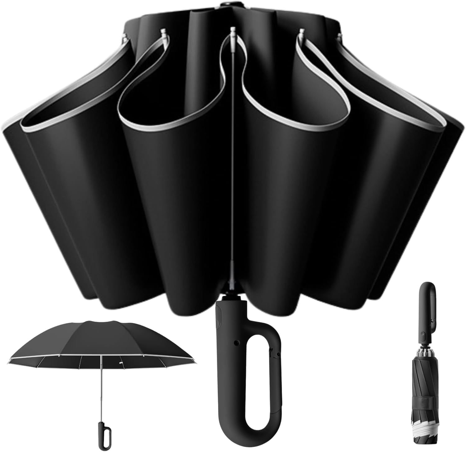 Automatic Extra Large Compact Umbrella with 10-Rib for Sun/Rain, Travel Windproof Folding Parasol with Hooking Handle, Inverted Dry Close and Safety Reflective Strips
