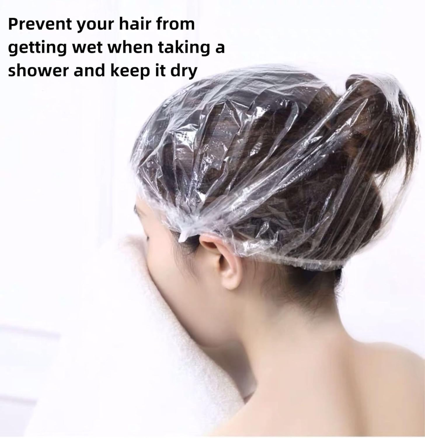 100 Waterproof Disposable Shower Caps，Comfortable Large Thick Plastic Hair Cap Elastic Bath Cap for Men Women Girl，Suitable for Shower，Travel Spa, Hotel and Hair Solon，Hair Care, Beauty Salon , Home Use(Clear) (One Size, Count, 100) image number 4