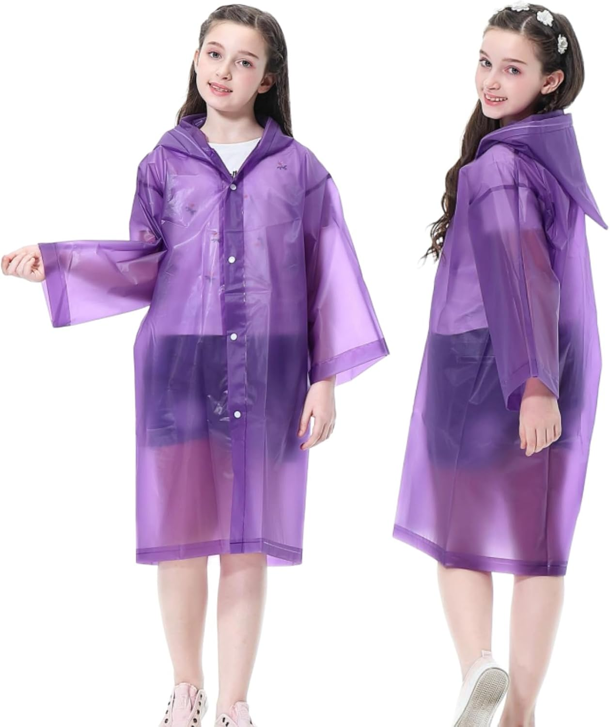 Kids Rain Poncho 2 Pack, Reusable Raincoat Rain Jackets for 6-14 Girls Boys