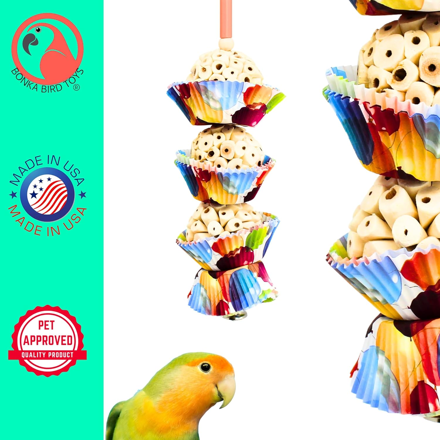 Bonka Bird Toys 1931 Three Cake, 11.75" Hanging Bird Toy with Sola Balls, Cupcake Cups, Wooden Beads, Bell, and Straw, Chewable and Shreddable. image number 2