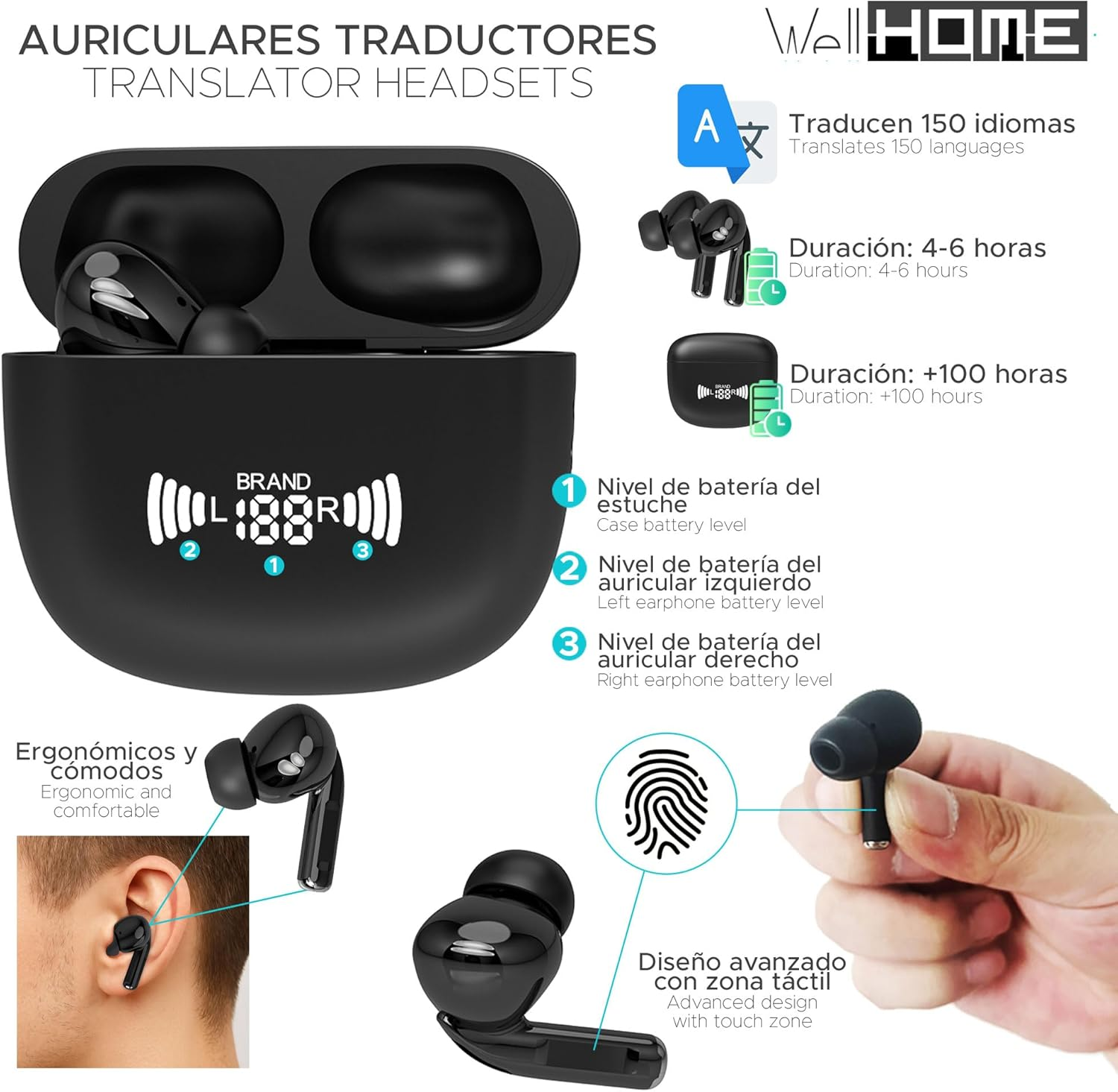WELL HOME MOBILIARIO & DECORACI&Oacute;N A8 Wireless Headphones with IA, Instant Translation with Sound and Clear Calls, Bluetooth and Microphone, for Ios and Andoroid image number 3