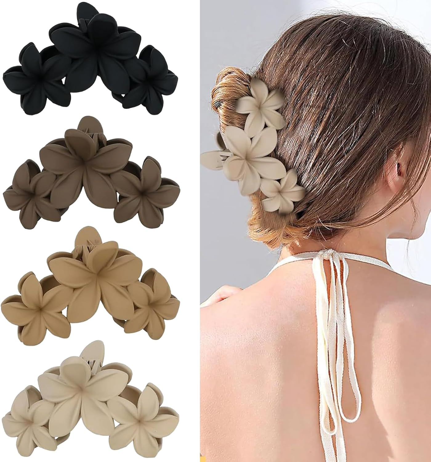 Ueiykoz 4 Pcs Hawaiian Plumeria Flower Hair Clips,Non-Slip Matte Claws Clips for Thick Thin Strong Hold Hair Beach Hair Accessories for Women Girls