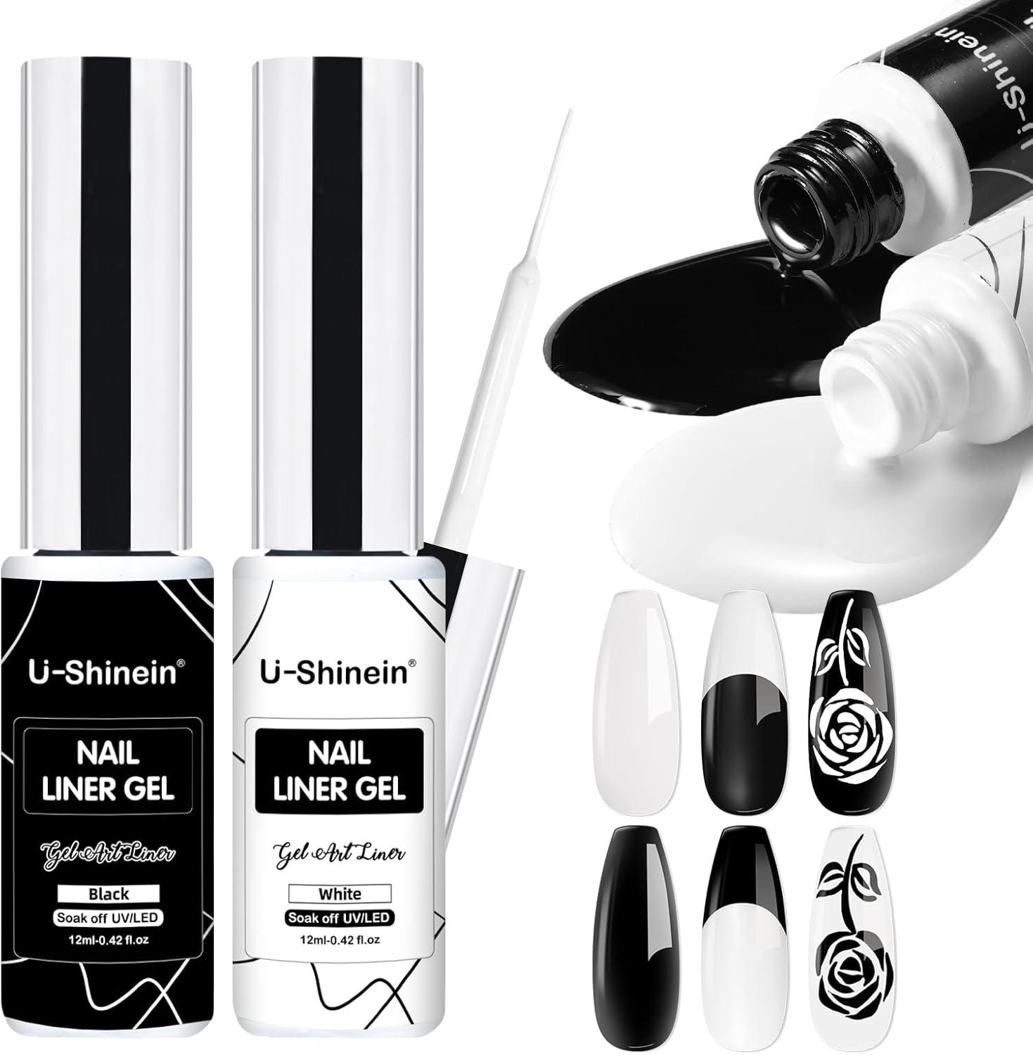 2X12Ml White and Black Painted Gel Nail Polish Set, Painting Line Gel (With Built-In Fine Brush), High Gloss Long-Lasting DIY Nail Art Home Nail Salon Gel Liner LED/UV Application. image number 2