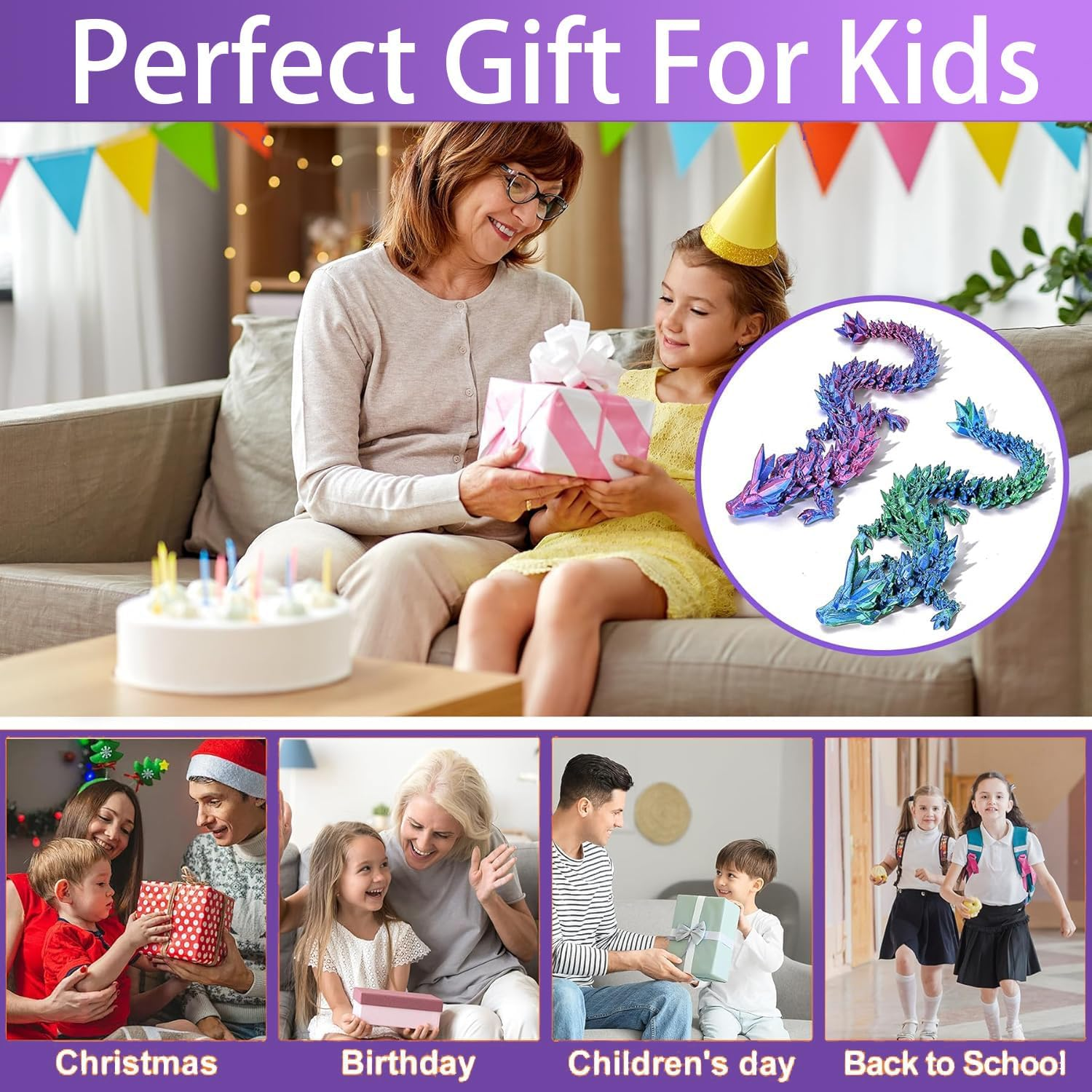 3D Printed Dragon, 3D Printed Dragon with Wings, 3D Printed Dragon Eggs with Dragon Inside, Dragon Fidget Toy, Articulated Crystal Dragon in Egg, Home Office Decor(Purple) (Dragon-Purple) - Dragon-Green image number 3