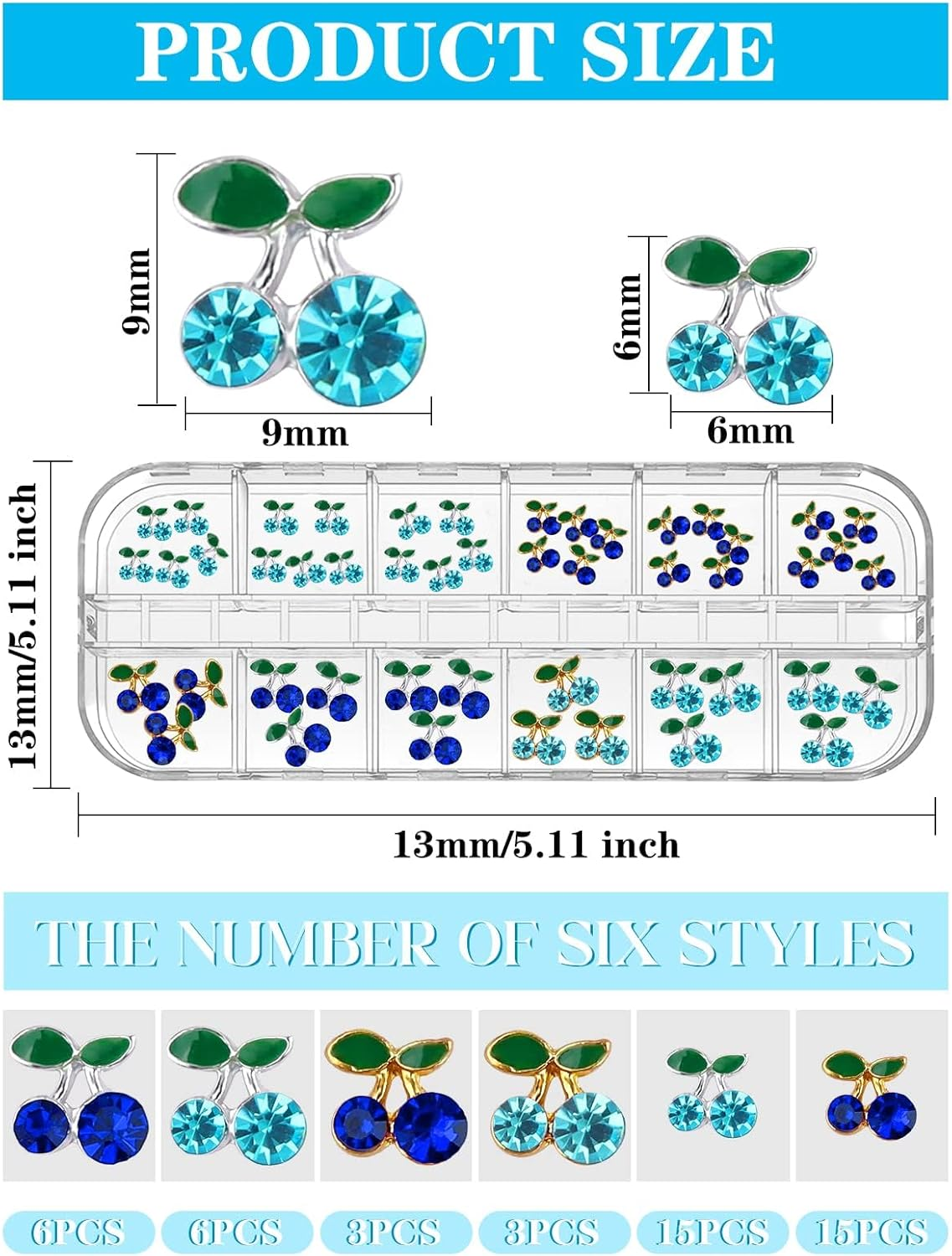 Kalolary Cherry Nail Rhinestones, 48Pcs 3D Cherry Charm Blue Fruit Diamond Crystal Nail Studs Alloy Nail Gems for Women Nail Art Decoration image number 4