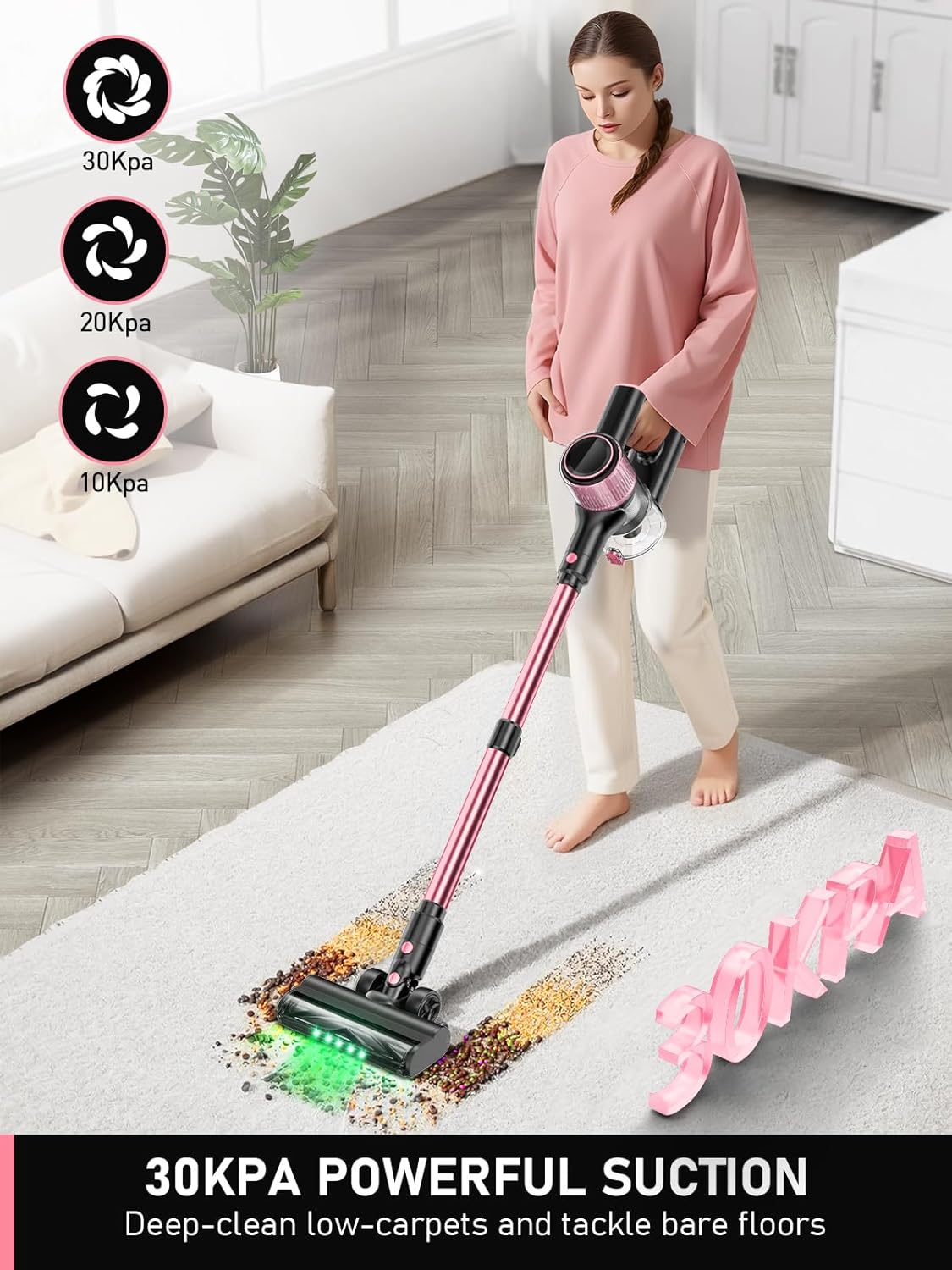 Cordless Vacuum Cleaner, 8 in 1 Powerful Suction Lightweight Vacuum Cleaner for Home, LED Display, 3 Suction Modes, 40Mins Detachable Battery Vacuum for Hard Floor Carpet Pet Hair, Pink image number 5
