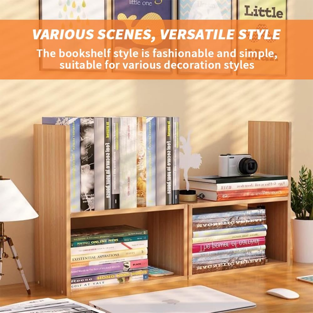 TOMVAES Desktop Bookcase, Office Storage Rack, Adjustable Book Shelf, Desk Organizer Set for Home Office, Living Room, Bedroom (Wood) (Walnut)