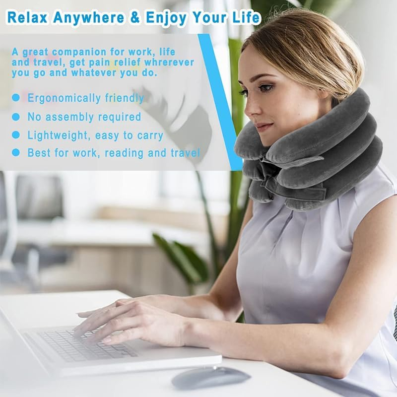 Air Inflatable Neck Pillow Head Cervical Traction Support Stretcher for Pain Relief, Adjustable and Portable - Blue image number 7