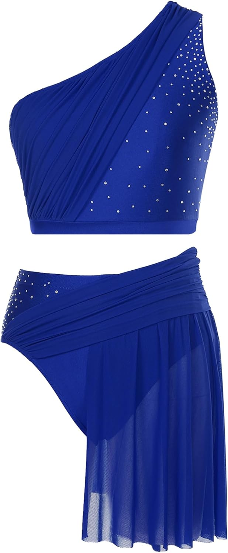 Womens Lyrical Dance Outfit One Shoulder Shiny Rhinestones Crop Top with Mesh Skirted Briefs