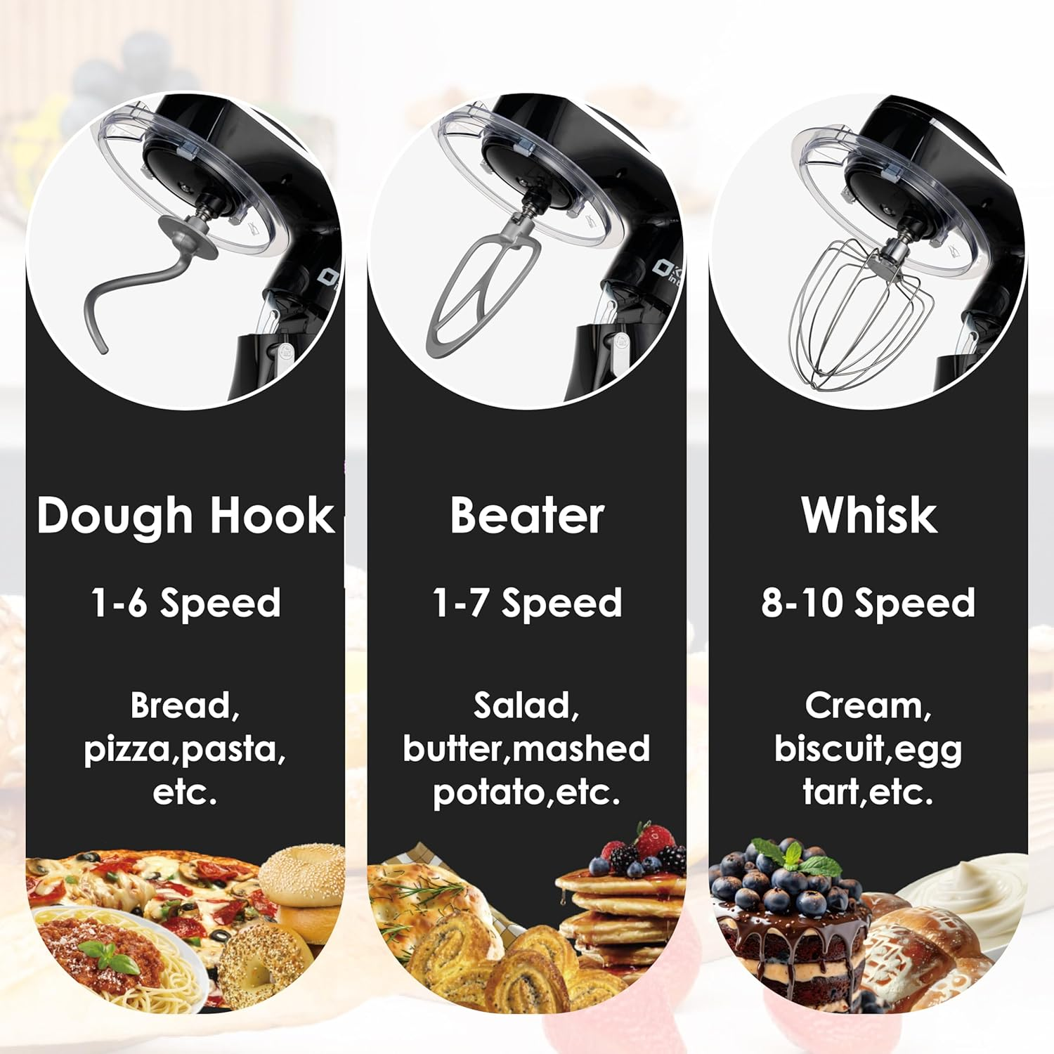 Kitchen in the Box Stand Mixer, 1300W 6L Kitchen Mixer for Home Baking, 10-Speed Tilt-Head Dough Mixer, Electric Mixer with Dough Hook, Beater and Whisk, Black