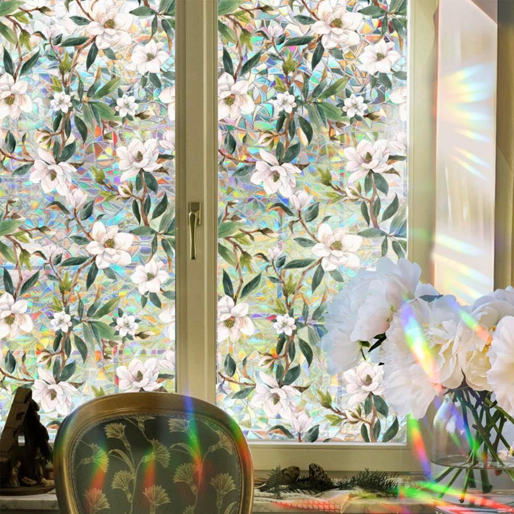 JOONOR Retro Gardenia Flowers Window Privacy Film,Gardenia Stained Glass Window Tint for Home,3D Rainbow Static Cling Sticker for Bathroom Living Room Glass Door,16.93 X 39.37 Inch image number 1