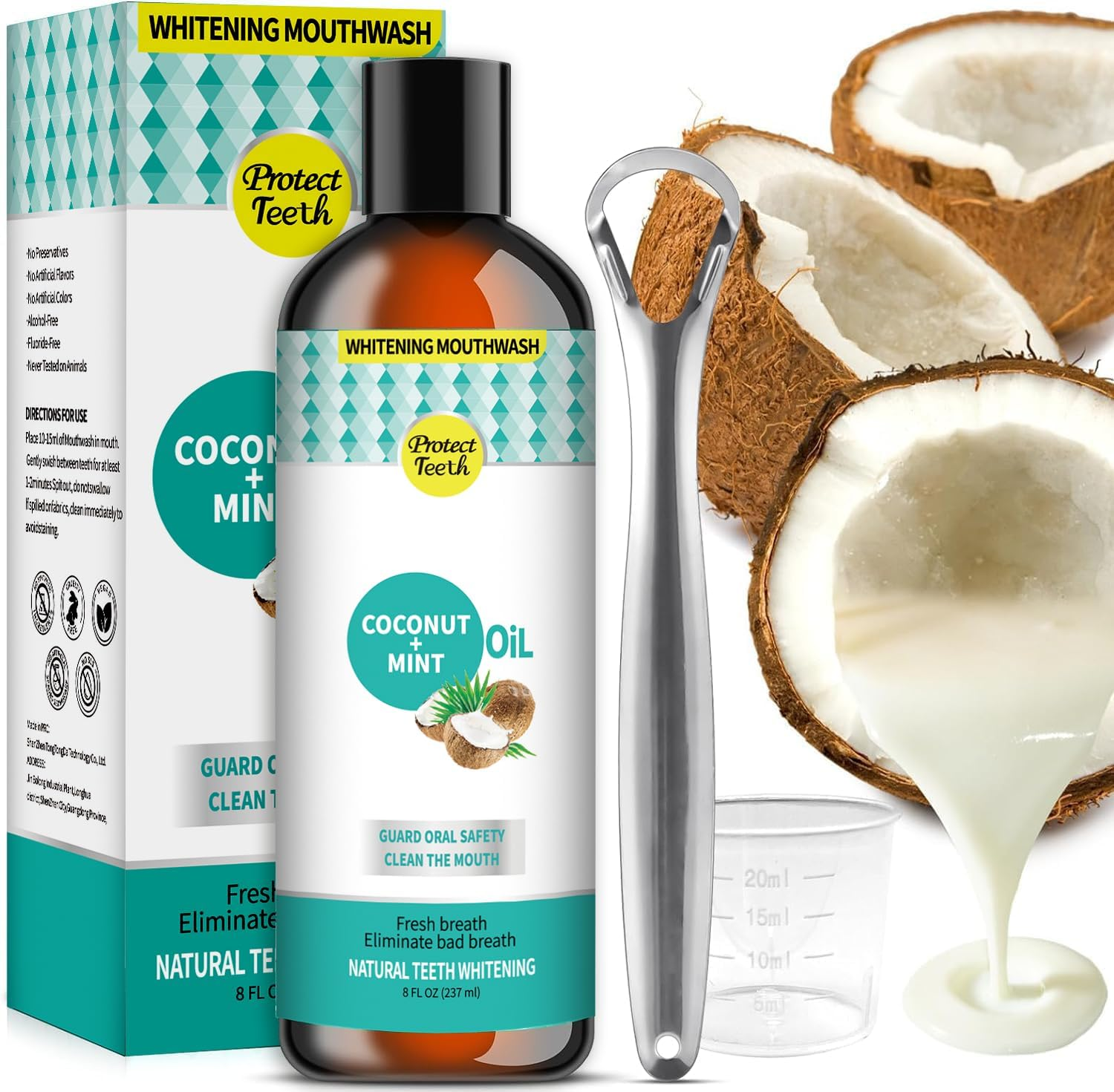 Coconut Pulling & Mint Oil Mouthwash with Tongue Scraper, Natural Coconut & Peppermint Oil-Mouthwash for Oral Care, Supports Teeth Whitening&Fresh Breath image number 5
