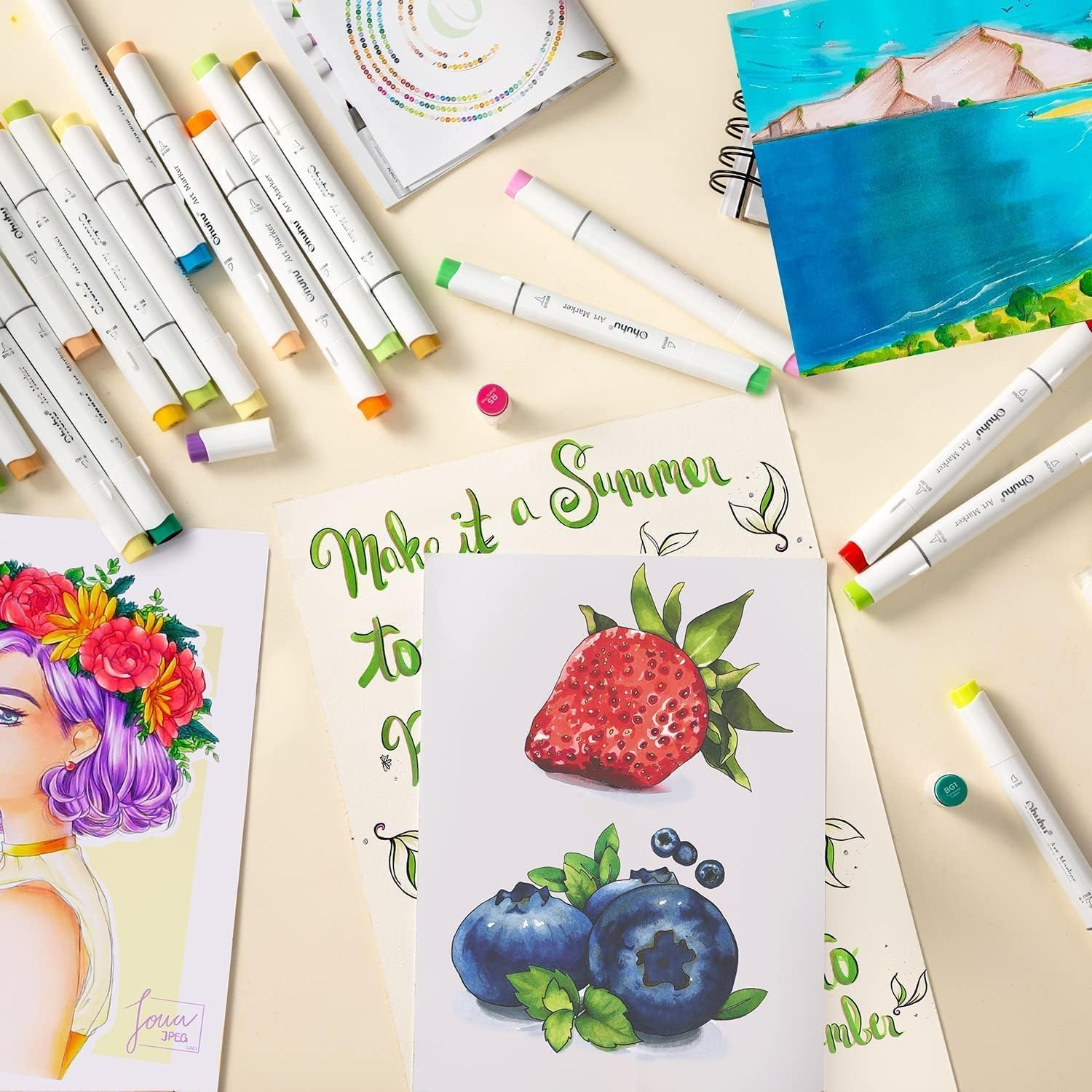 Ohuhu Alcohol Markers Brush Tip -Double Tipped Art Marker Set for Kids Artist Adults Coloring Sketching Illustration - 120-Color W/ 1 Blender -Brush & Fine - Honolulu B Series of Ohuhu Brush Markers image number 6