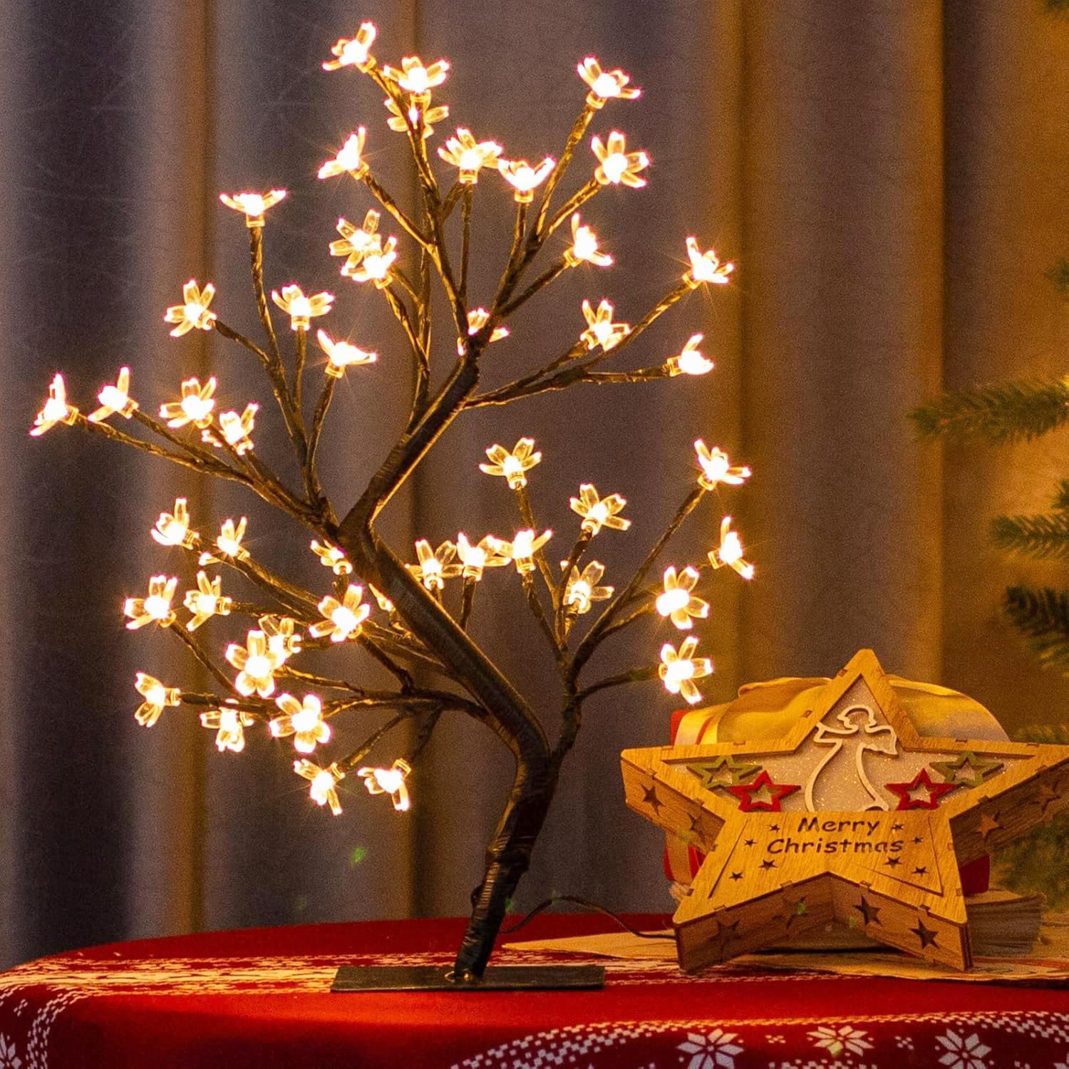 JIUSEGE 17 Inch Cherry Blossom Bonsai Tree with 48 LED Lights &ndash; Metal Base, Warm White Lights &ndash; Ideal Night Light, Bedside Table Lamp, Fairy Lights for Kids Room, Holiday & Christmas Decor image number 6
