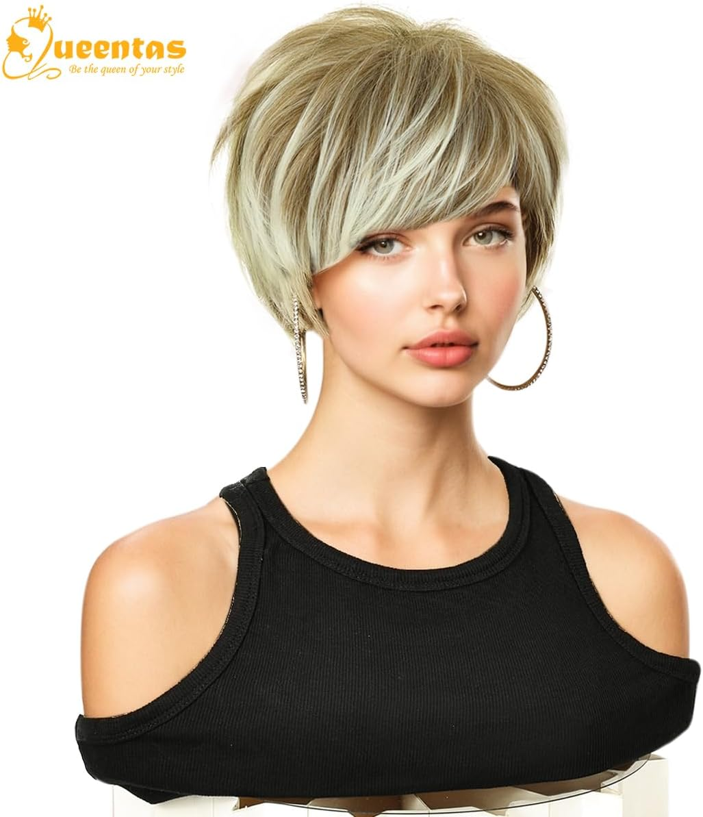 QUEENTAS Short Blonde Wigs for Women Layered Blonde Mixed Brown Pixie Cut Wig with Bangs Synthetic Short Hair Replacement Wig - Gray image number 7