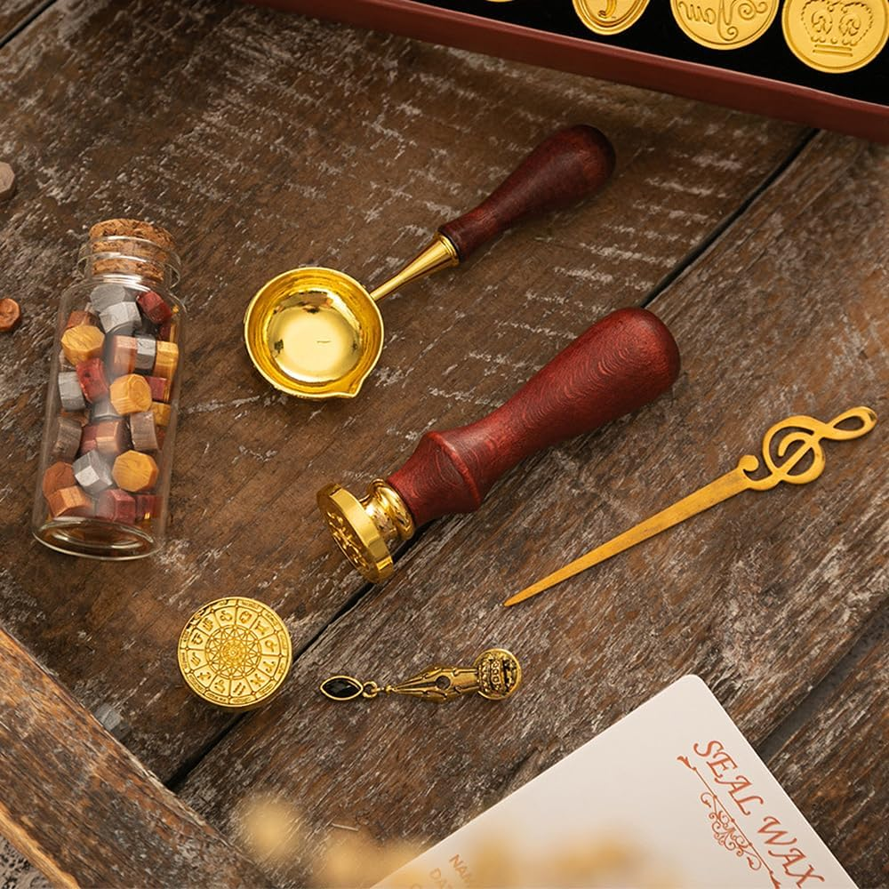 Generic Wax Seal Kit with 6Pcs Seal Stamp, Bottle of Wax Beads, Spoon, Candle, Wax Melt Warmer for Christmas Vintage Envelopes Letters Mailing Crafts Envelopes Letter Cards Wedding image number 3