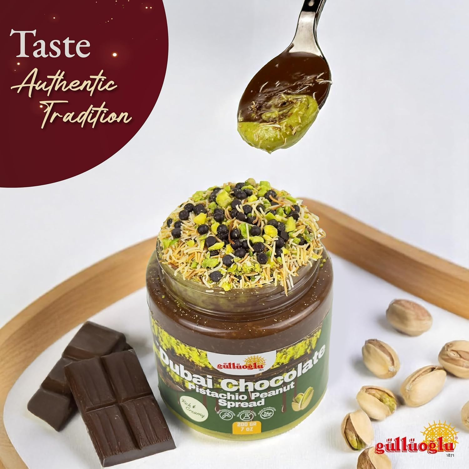 Gulluoglu Dubai Chocolate Pistachio Peanut Spread &ndash; Rich & Creamy Middle Eastern Chocolate Paste with Roasted Pistachios & Peanuts, 7 Oz (200G) Jar &ndash; Gourmet Halal Dessert