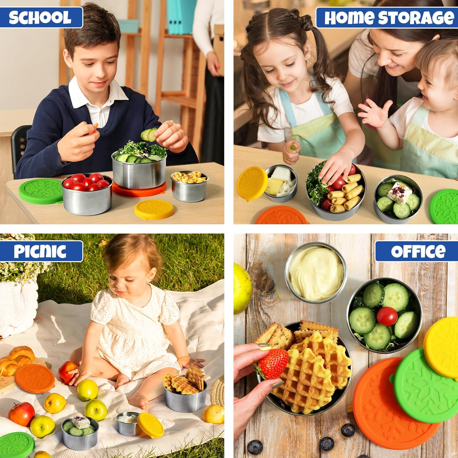 Homotte Stainless Steel Containers with Lids Small for Lunch Food/Snacks, Leak-Proof and round Stainless Steel Food Storage Containers for Back to School Kids, 3 Pack Stackable (400Ml, 220Ml, 100Ml) image number 6